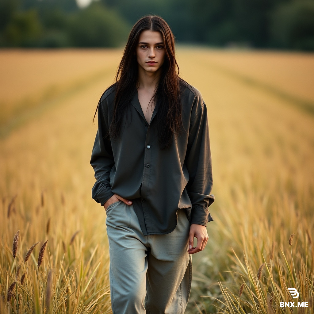 young male with long black hair and golden eyes, wide hips and very feminine appearance, short, and fairly young looking, wearing a loosfitting shirt and long pants while walking through a field