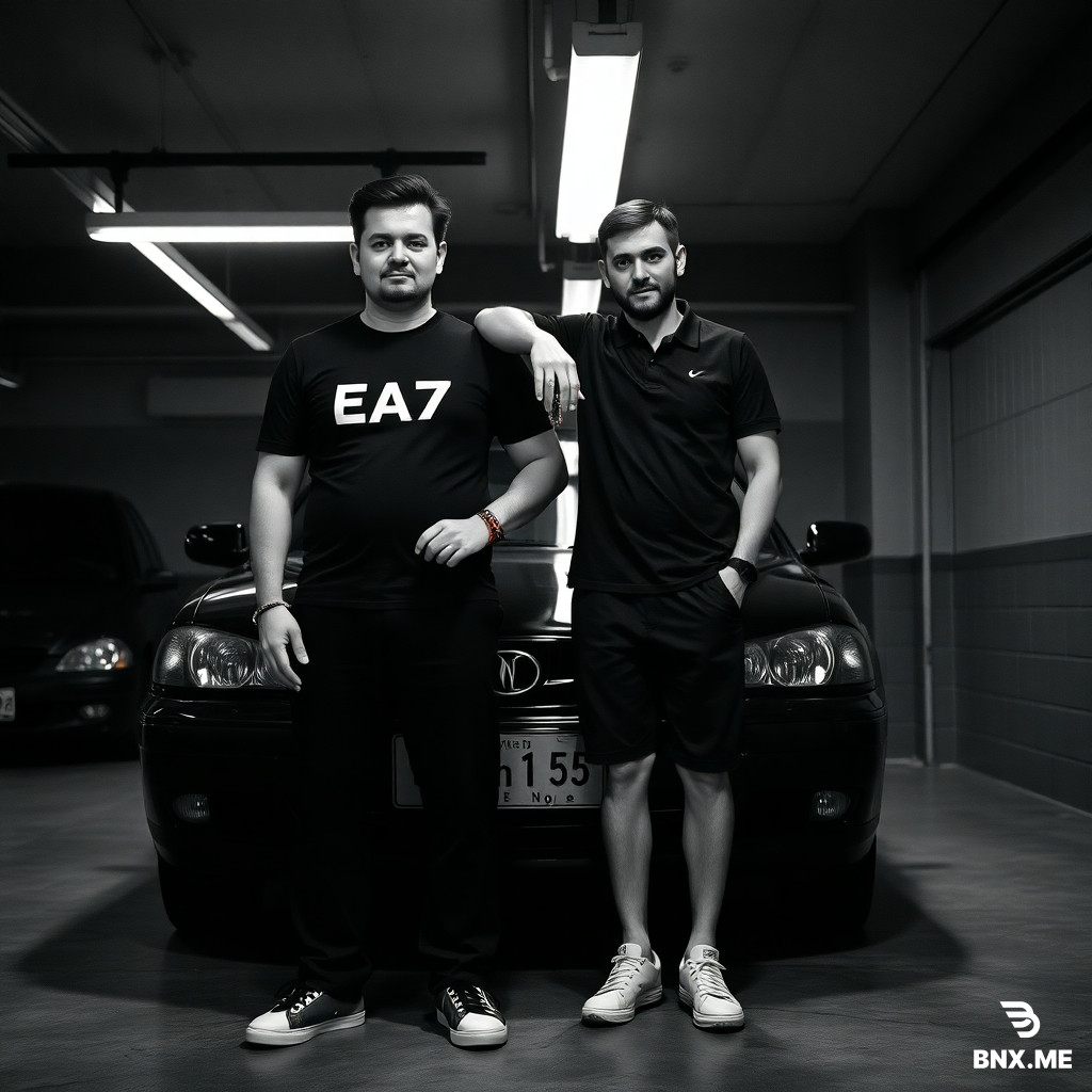 RAW photo, black and white, two men standing side by side in front of a cheap black car inside a realistic garage setting, dim overhead fluorescent lighting, high contrast, sharp focus. Left man: tall, hairless arms, wearing a black EA7 t-shirt, black trousers, a bracelet on his wrist, holding prayer beads (tesbih) in his right hand. Right man: slightly taller, wearing a black polo shirt, black shorts, white sneakers, his arm resting on the left man's shoulder. Cinematic lighting, shadows on the floor, realistic textures, professional photography, 8K, shot on 35mm film, natural pose. --ar 4:3
