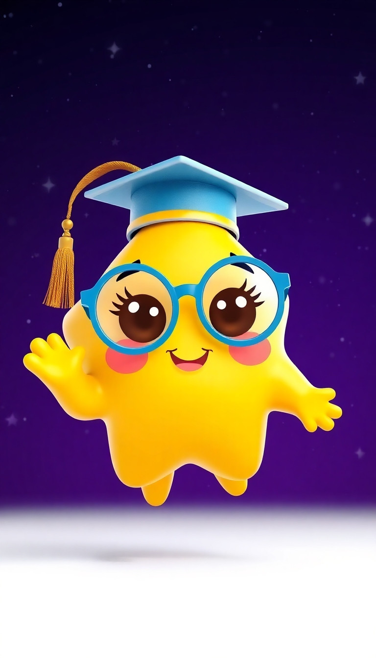 "3D animated cute golden star character Lumi with oversized round baby-blue glasses slightly crooked on face, tiny tilted graduation cap with dangling gold tassel, big round brown eyes with long eyelashes and shiny catchlights, rosy pink cheeks, small heart-shaped smile, short chubby arms with rounded tiny fingers, stubby legs with tiny toes, floating in from left of deep purple night sky with twinkling stars, waving at camera, happy spin, giggling expression, Pixar/Illumination animation style, soft volumetric rim lighting, vibrant preschool colors, glossy textures, high detail, 8k resolution, bright cheerful expression, vertical 9:16, white background with soft drop shadow for PNG transparency."