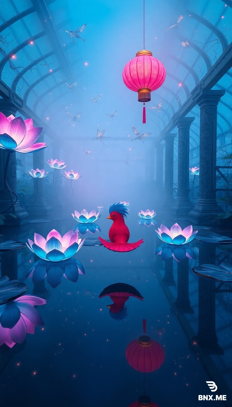 Prompt:  "Cinematic wide shot ofa forgotten cyberpunk greenhouse at twilight. Giant translucent glass lilies float on a perfectly still mirror-like pond, glowing with internal cyan and neon-violet light. Intricate brass mechanical fireflies hover in swarms above, leaving delicate trails of golden dust. A single traditional crimson silk lantern floats gently in the foreground providing a striking warm contrast to the cool, misty blue environment. Ethereal fog hugs the water's surface. Hyper-detailed textures on the aged stone pillars, photorealistic reflections, sharp focus, 8k, cinematic depth offield, masterpiece, trending on ArtStation." bird with a big crest having fun with different guys