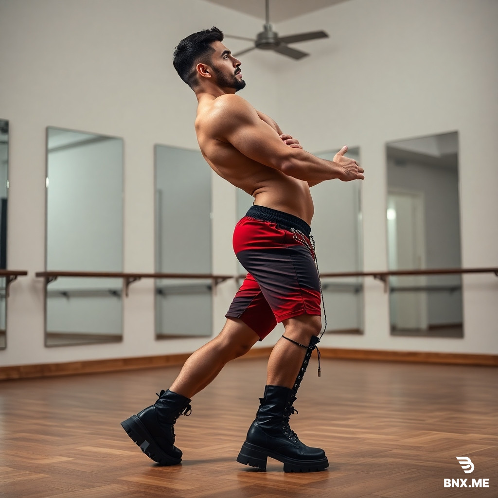 Fotografía de moda de cuerpo completo de un hombre musculoso atlético  haciendo una pose de twerk (sentadilla profunda con cadera hacia atrás, mirando por encima del hombro con confianza) en un estudio de baile moderno con espejos y suelo de madera . Outfit: shorts de red negra sobre suspensorio , torso desnudo con arnés de cuero negro , medias de red hasta la rodilla, botas  militares con plataforma gruesa  y cadena de plata colgando de la cadera . Piel sudorosa y atlética, iluminación suave y brillante de estudio , movimiento dinámico, estilo editorial de alta moda, enfoque nítido, texturas detalladas , resolución 8k, fotorrealista, tomada con lente de 85mm, hiperdetallado