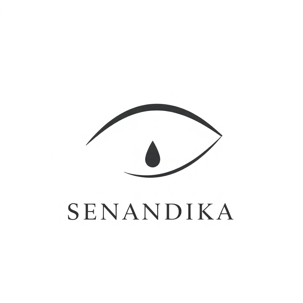 Prompt Generate Gambar: Subject: A highly elegant, minimalist logo for a coffee shop named "Senandika". The symbol is an abstract single continuous line forming a serene, closed eye, but the line spirals inward at the pupil to subtly form a droplet, representing a tear of self-realization or the last drop of coffee. Style: Ultra-minimalist, sophisticated, luxury branding, spiritual depth. The line is perfectly smooth, fluid, of varying thickness, deep charcoal grey on a warm, textured off-white paper background. Composition: The symbol is perfectly centered above the name "SENANDIKA" in an elegant, widely-spaced, refined serif font. Mood/Philosophy: Inner dialogue, profound solitude, meditative silence, quiet elegance. It is a visual whisper, not a shout. Negative Constraints: No literal coffee cup, no coffee beans, no generic steam, no rustic or vintage woodcut style, no script fonts that are hard to read. Do not resemble Starbucks, % Arabica, or Blue Bottle Coffee. Absolutely unique symbol.