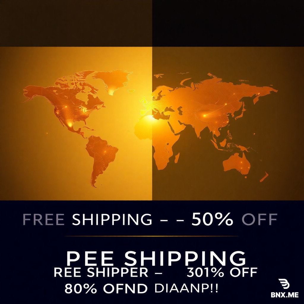 A sophisticated, high‑contrast split image for a luxury fashion brand announcement. Left side (60%): A world map with glowing golden connection lines, tiny gold location pins, and a soft golden light radiating from the center. Background is rich cream with subtle gold foil texture. Right side (40%): Empty space reserved for brand logo and text. Bottom strip: dark navy blue with white text "FREE SHIPPING – 50% OFF GRAND OPENING". Style: modern luxury, high-end fashion, elegant, minimal, photorealistic, 8K.