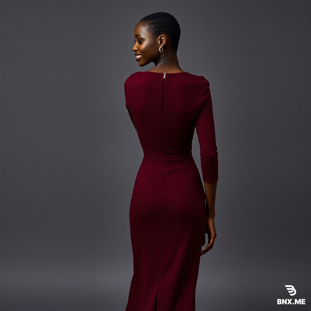 Full-body haute couture editorial photography of an extremely slim, petite, uniquely beautiful 154cm tall Ethiopian woman with glowing rich dark brown skin, a warm magnetic smile, and stunning prominent collarbones. She wears a deep, rich burgundy wine midi dress made of luxurious heavy matte crepe fabric with a smooth, fluid drape. The front features a soft, elegant wide boat neckline that fully frames and exposes her gorgeous collarbones. The sleeves are straight 3/4 length sleeves that start at the shoulder and end gracefully at her mid-forearm, expertly cut to completely cover her armpits and underarms with zero gap while showing her slim delicate wrists. No belt. The waist is flawlessly sculpted and cinched perfectly to her exact tiny 39cm natural waist, fitting like a second skin. The skirt falls in a sleek, fluid, narrow straight column that skims her flat hips flawlessly and ends right at mid-calf. The back features a stunning, modern, clean vertical half-zip opening that runs straight down the center of her spine from her upper back to her mid-back—narrow, sleek, and elegant, not a wide V-shape. This vertical opening beautifully exposes her defined spine without disturbing the front neckline. She wears nude pointed-toe 3cm kitten heels that are comfortable and elegant, elongating her legs without being unstable. She accessorizes with medium sparkling crystal stud earrings that catch the light beautifully—no long drop earrings. No necklace. She wears a delicate thin silver chain bracelet on her right wrist and one minimal slim silver ring. Her dark hair is styled half-up, half-down with soft, airy, textured loose waves cascading down her back, with wispy tendrils softly framing her forehead and cheekbones. She exudes an effortlessly cool, radiant, dreamy, and completely irresistible aura that naturally draws everyone's eyes toward her. She looks confident, approachable, and stunningly beautiful—the kind of magnetic presence that makes people want to come close to her. Studio lighting, warm beige background, Vogue high-fashion editorial quality, 3/4 angle showing both front collarbones and the stunning vertical back opening."