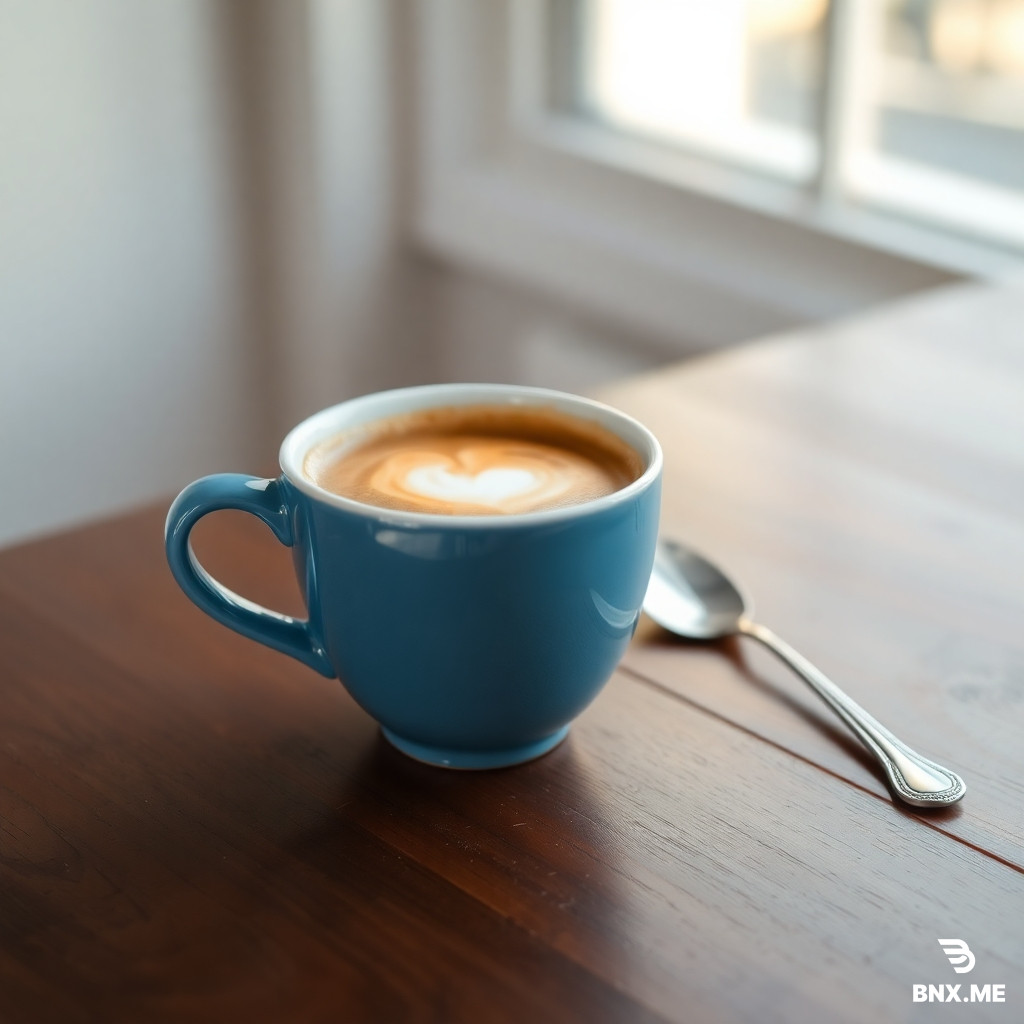 A blue ceramic coffee cup on a wooden table, with a silver spoon next to it, warm morning light from a window, high resolution photography, 4K --seed 1