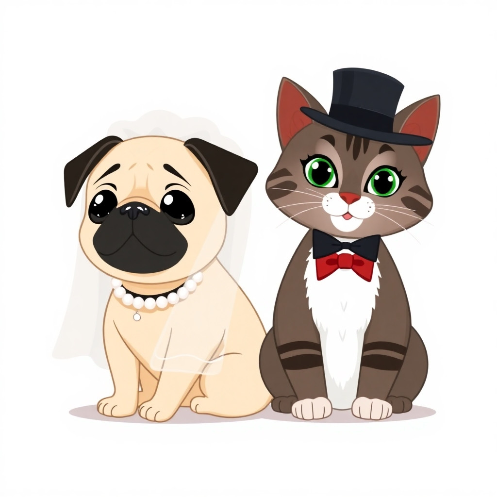 A square wedding invitation card, Disney animated style, isolated on a clean white background. A cute pug dog wearing a white bridal veil and pearl necklace, sitting next to a cute dark brown cat with gray stripes, green eyes, white whiskers, black ears and a black back of the head, and a white chest, the cat wearing a black top hat and a red bow tie. Both pets sit side by side, looking happily at the viewer. Simple composition, flat vector illustration, soft shadows, no background elements, plenty of empty white space around them for text overlay. 1:1 aspect ratio.