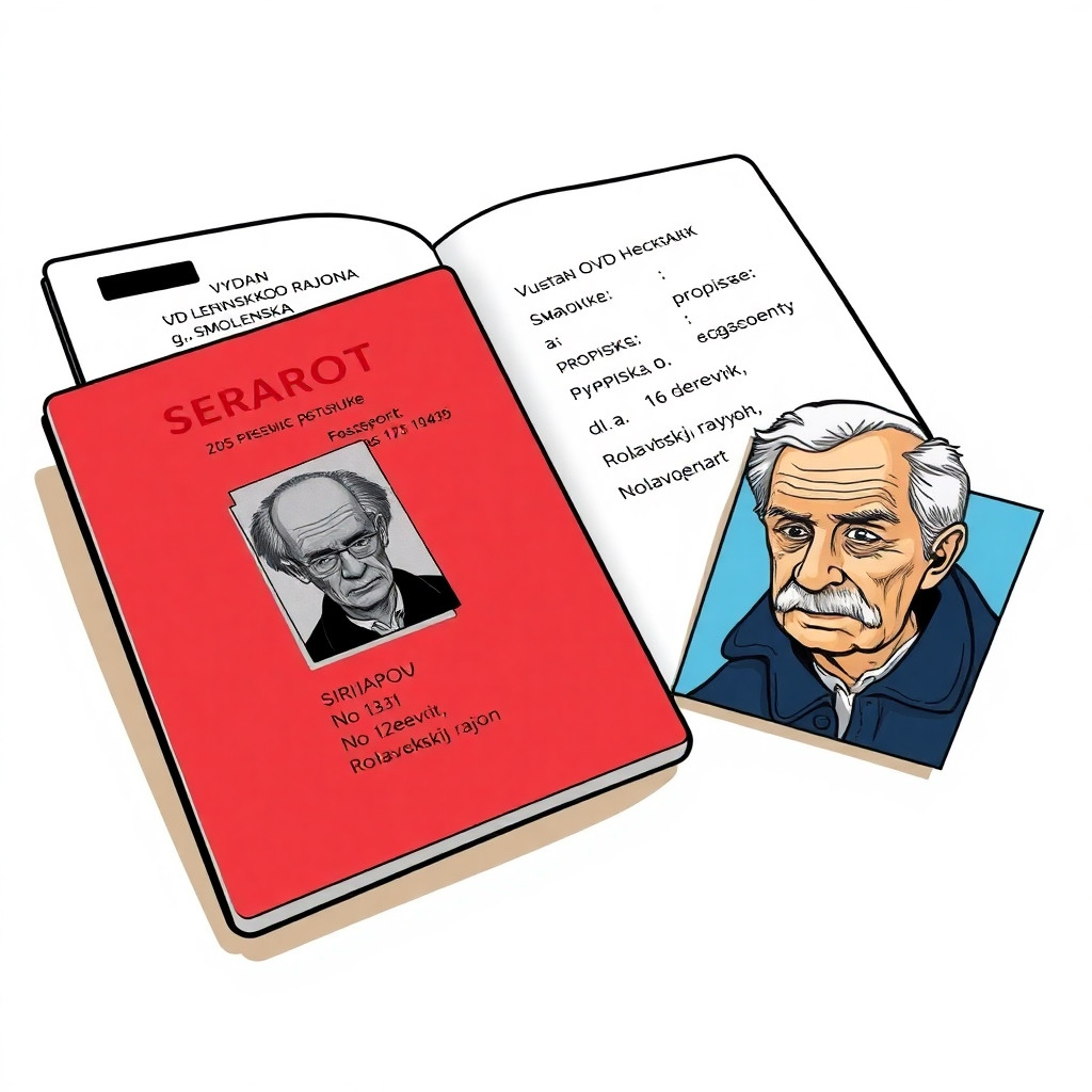 Colorful european comic book style, ligne claire, clear black ink outlines, flat colors, no shading. Close-up of an open red Russian passport on a wooden table. Inside: black-and-white photo of elderly man, text "SERIJA 1111 No 123456", "VYDAN OVD LENINSKOGO RAJONA g. SMOLENSKA", "PROPISKA: d. 16 derevnja Dobybki, Roslavlskij rajon". Next to passport: a small color portrait of the same elderly man (Sidorov, dark blue jacket, gray hair, wrinkles). No speech bubbles. No empty circles. Background light beige.