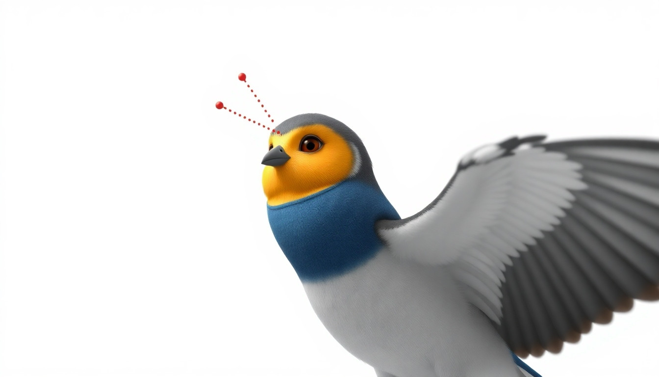 Indicación: Fotograma de animación plana 2D de un monigote, fondo blanco, 16:9 horizontal. El monigote está ahora representado desde la perspectiva del pájaro, como una figura pequeña y distante. El monigote aparece reducido en tamaño, rodeado de un círculo de atención que emana del pájaro. El monigote tiene expresión neutral y viste su característica camiseta azul. Una línea de puntos rojos conecta los ojos del pájaro (que se ve en la parte superior del encuadre como una silueta) con el rostro del monigote. No hay texto en el fotograma. El pájaro se muestra como una forma estilizada con contornos negros, observando desde una rama. La escena transmite la idea de que el animal está analizando visualmente al humano. Contornos negros gruesos. Colores planos simples. Sin degradados. Sin sombras. Estilo educativo de dibujos animados. Todos los textos que aparezcan en las imágenes deben estar redactados en español.