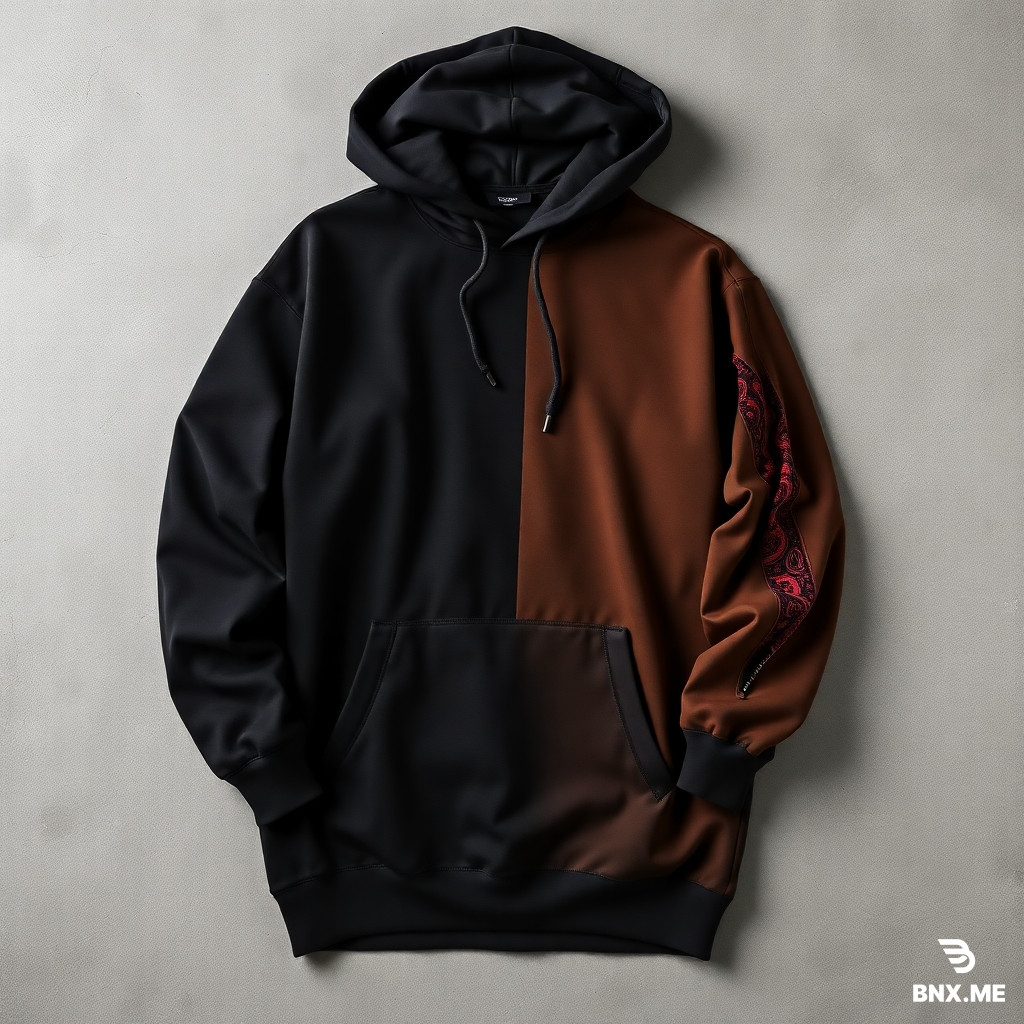 "High-quality studio product shot of a heavyweight, oversized streetwear hoodie laid flat on a neutral grey concrete background. The hoodie features an asymmetrical, vertical color-blocked design: the left side and most of the front are deep matte black, while a contrasting vertical panel on the right side and the right sleeve are a rich chocolate brown. A key detail is a long vertical slit or distressed 'tear' on the outer forearm of the brown sleeve, revealing a secondary inner layer of bright red fabric with an intricate black graphic or paisley-style print. The hoodie has a large front kangaroo pocket, dropped shoulders, and a thick, structured double-layered hood without drawstrings."