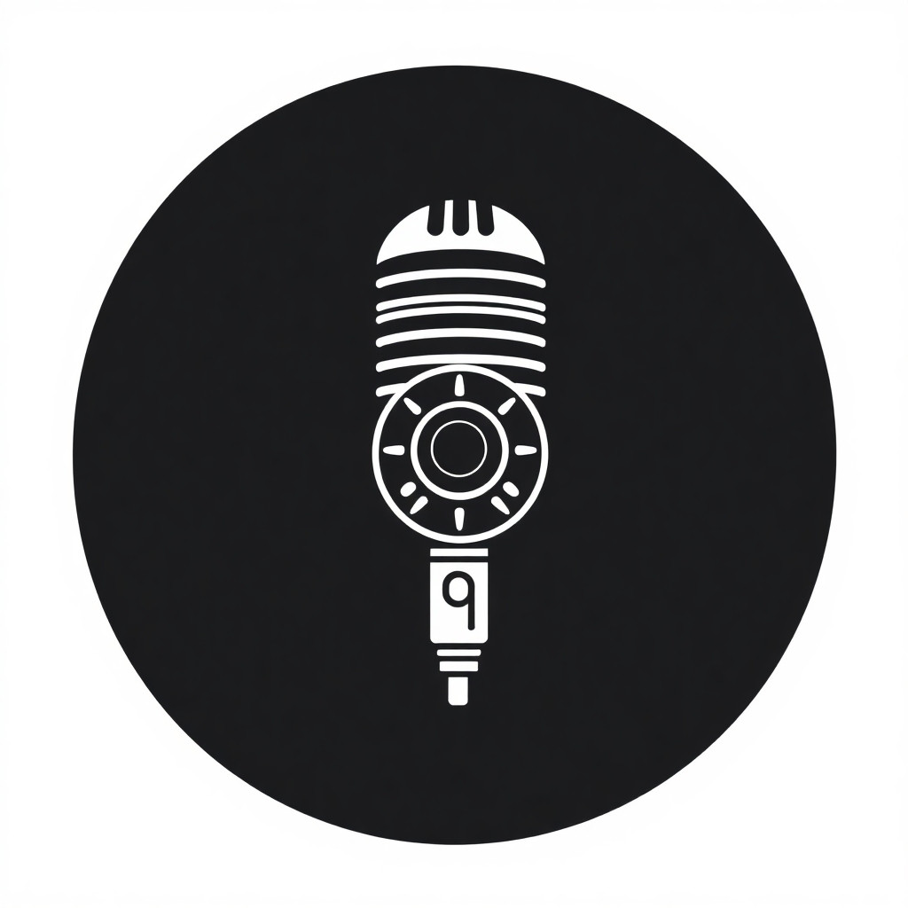 Creative logo icon for a live music photographer. A minimalist line drawing of a classic handheld vocal microphone (SM58 shape). The circular grille of the microphone is designed with camera lens elements and aperture blades. Clean geometry, vector art, sophisticated, black and white, concept design --no text, no realistic shadows