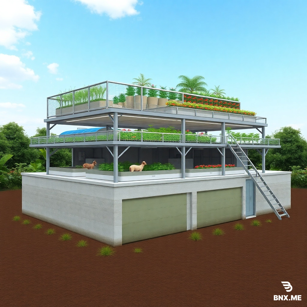 Hi please Create a highly realistic 3D architectural rendering of a commercial three-layer integrated farming system on a 40 ft x 20 ft structure. The design should be a practical business model for integrated farming. Ground Floor (Layer 1): Large reinforced cement fish tanks for commercial fish farming, water pipes,  aeration  drainage facilities. tank will be deep from the ground soil level only 2 feet will be extra from ground level. it will be 3 Tank, divided with wall, same size same place same. Second Floor (Layer 2): A commercial goat farm built directly 6 Feet above the Entire fish tanks. The goat shed should have strong white plastic slatted flooring to allow manure collection and proper ventilation. with Food tray for goat and grass and food. Roof Level (Layer 3): A rooftop garden with rows of fruits and vegetables grown in raised beds and containers. Include additional 3 plastic fish tanks  to the vegetable garden. Show crops such as tomatoes, cucumbers, leafy vegetables, chili, eggplant, and fruit plants. The entire structure should look modern, sustainable, and commercially viable, with steel framing, stairs connecting all levels, proper safety railings, irrigation systems, and a professional farm appearance.  all three layers are visible simultaneously. Ultra-realistic, detailed, high-resolution, photorealistic 3D model, commercial farm design, daylight, professional architectural visualization. do not make any extra things please: