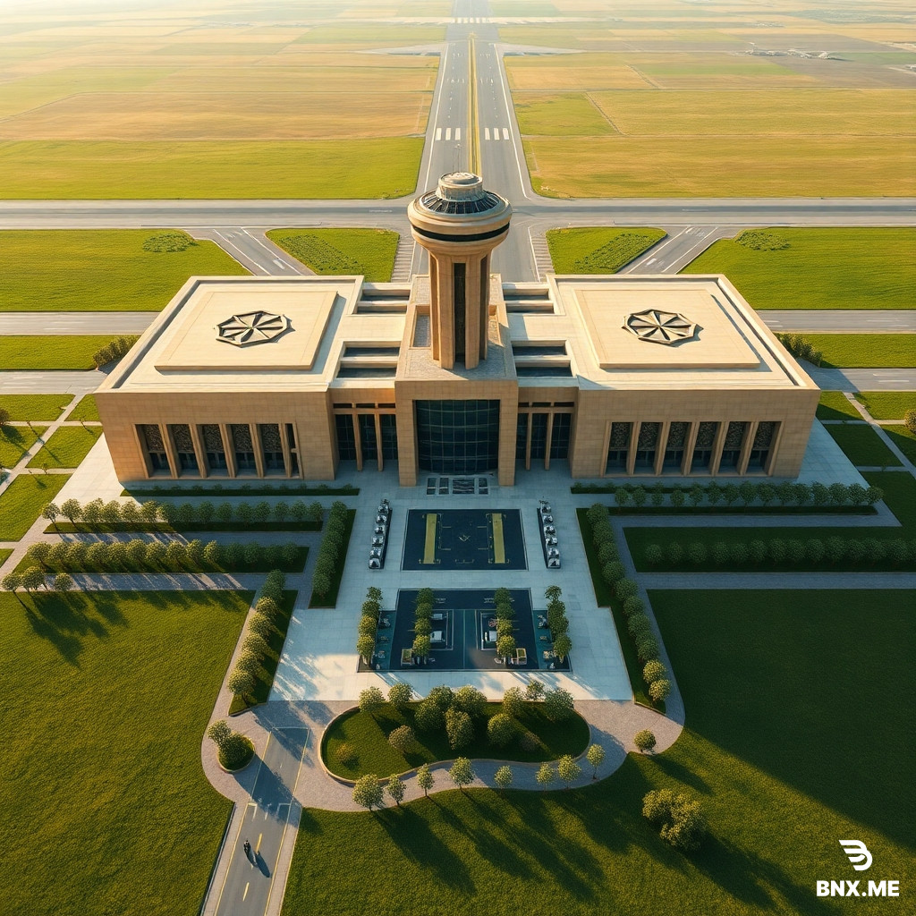 Photorealistic bird's-eye aerial perspective shot of a grand international airport in central Syria, strategically located midway between Damascus and Aleppo, surrounded by vast green agricultural plains and olive groves. The design is a breathtaking fusion of modern parametric architecture and authentic Levantine heritage.  Core Architectural Identity: The main terminal building is constructed from warm, textured yellowish limestone. Massive basalt columns frame the entrances, and the facades are adorned with intricate octagonal star patterns inspired by Aleppo's old khans.  Layout & Zoning (Clear Aerial View from above): The complex is meticulously organized from a top-down angle. The international and domestic arrival/departure lounges are clearly separated by glass canopies. A prominent Duty-Free galleria with vaulted ceilings and a sleek transit hotel are integrated into the terminal. Lush green landscaping with rows of cypress, palm, and olive trees wraps around the terminal and parking structures, creating green buffer zones between runways and buildings.  Control Tower (Landmark): Dominating the skyline is a visionary control tower with a square base transitioning into an octagonal shape using intricate 'Muqarnas' corbels, echoing a Syrian minaret. The observation deck is enclosed in reflective glass.  Airside Operations: In the background, distinct runways and taxiways are visible. A large aircraft maintenance hangar sits on the eastern side, adjacent to an aviation fuel depot.  Landside & Greenery: In the foreground, organized parking structures are partially hidden by dense rows of native trees. The aerial view clearly shows the harmonious integration of the built environment with the surrounding natural landscape.  Atmosphere: Golden hour sunlight, cinematic, 8k resolution, highly detailed architectural visualization, ray-traced lighting, sharp focus, professional real-estate rendering style. --ar 16:9