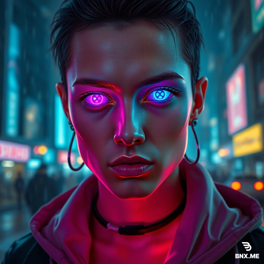 Cyberpunk portrait of a human with cybernetic implants, glowing LED eyes, neon purple and cyan reflections on the face, futuristic tech-wear outfit, rainy neon city in the background, holographic particles, cinematic lighting, ultra-detailed, 8k, dystopian atmosphere.