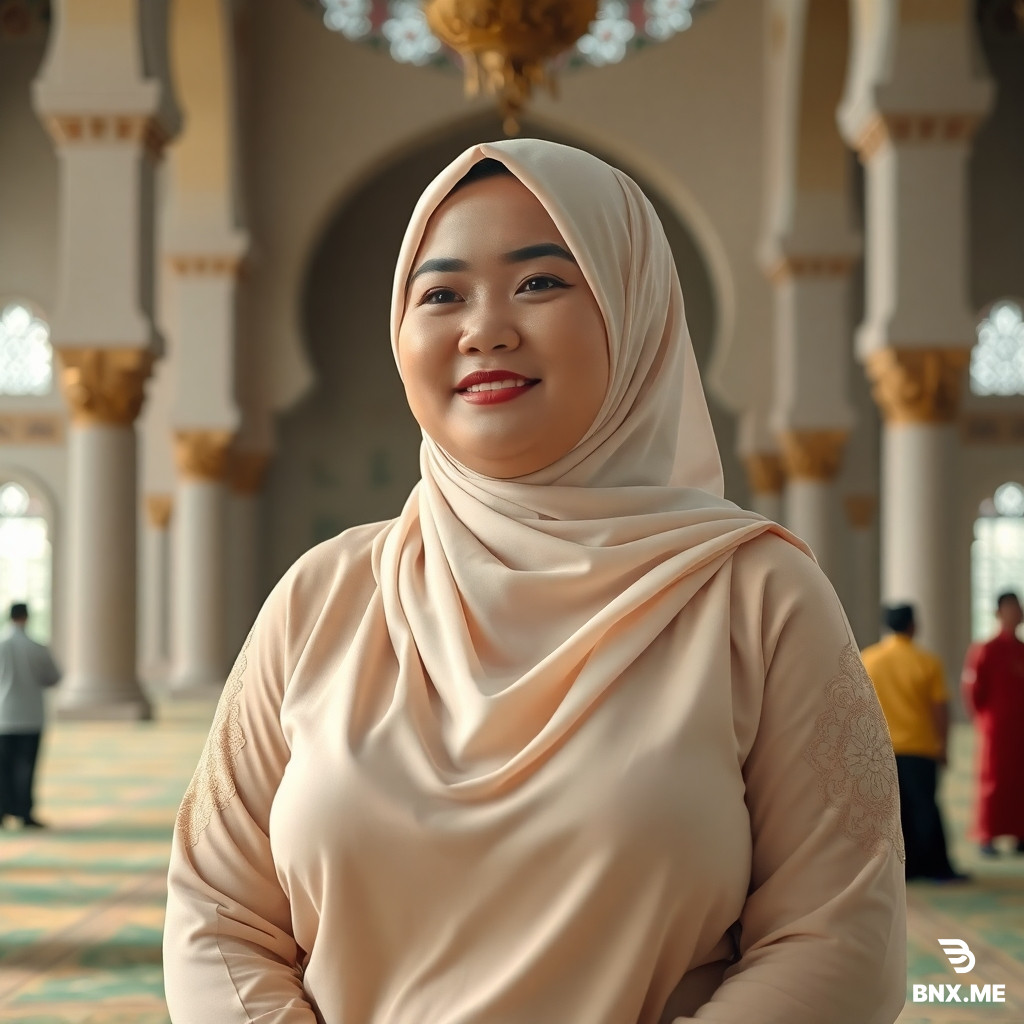 Realistic A chubby indonesian moms wearing a very transparant tunik in the mosque
