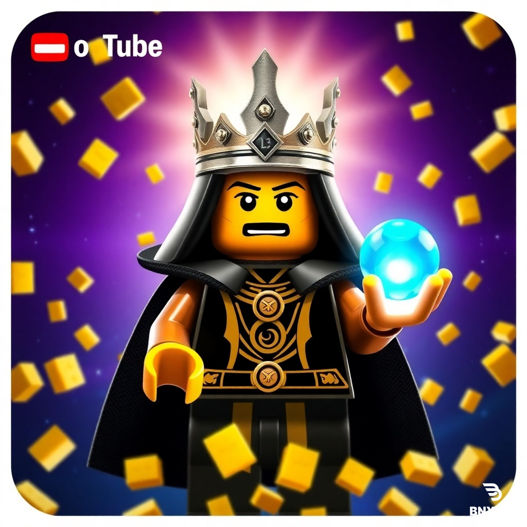 A square circular Lego icon for a YouTube channel. A mysterious Lego god wearing a black and gold cape, a silver crown, and holding a glowing blue orb in one hand. The god is surrounded by floating golden Lego bricks. The background is a dark purple and blue space with stars. The face is glowing with a divine light. Epic, clean, and highly detailed. Lego stop-motion style. 4k quality.