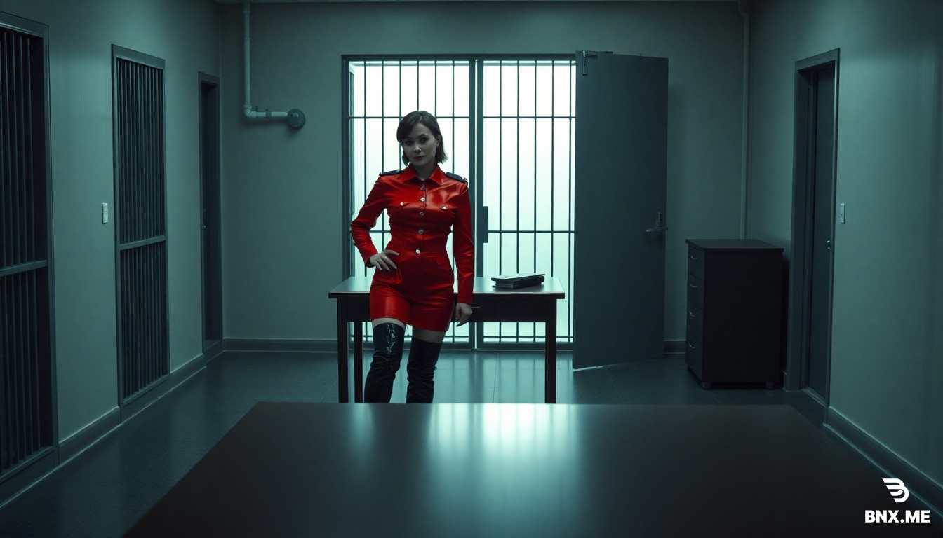 bild in prison büro, In backround is a bared zelldoor. through the celldoor many bared cell are visible A desk ist in the middle of the room. a policewoman dresses in a glossy red latexuniform and black overkneeboots stand at the desk  On the tabel ist a orange latexdress and black patent overkneeboots. in the backgroung in the cellbloch are many bared cell visible