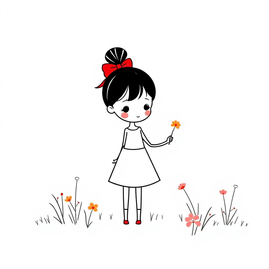A simple line art of a cute stick girl with a red bow and a high ponytail, a knee-length triangle dress, picking flowers in a meadow