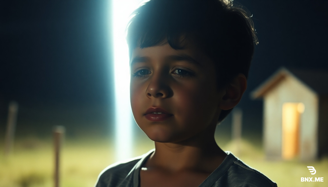 A young Spanish boy, 8 years old, standing still in a rural landscape, a bright beam of white light piercing through his chest, his body frozen in a state of calm paralysis, eyes half-closed with a peaceful expression, but with a single bead of sweat on his forehead, a faint glow around his heart area, photorealistic, 1970s film aesthetic, dramatic lighting, shallow depth of field, cinematic, 16:9"