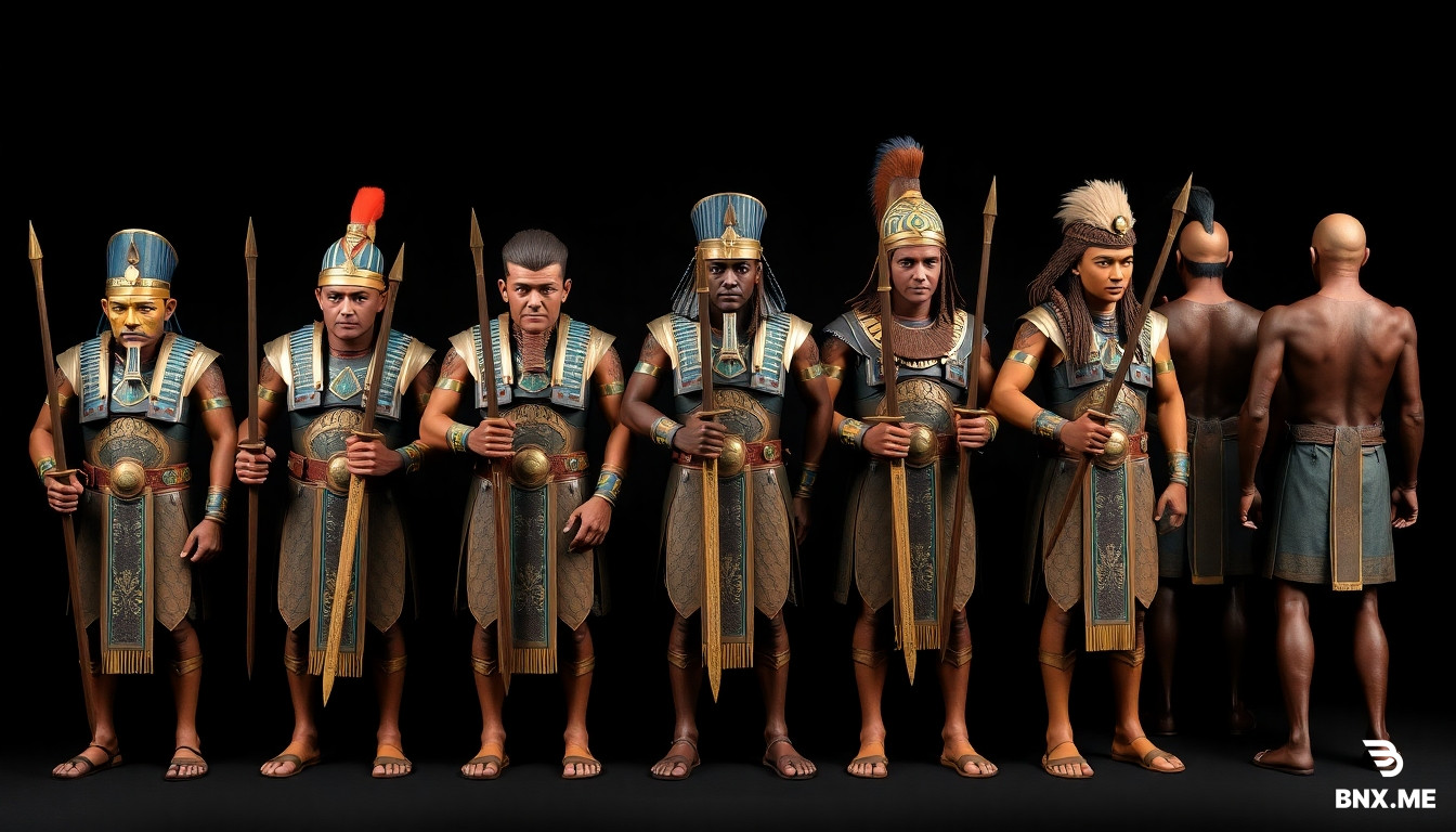 10 unique Egyptian shock infantry warriors on dark canvas, frontal studio light. Warriors 1-5 front view with khopesh swords. Warriors 6-10 rear view, no weapons. Each has unique face, scars, tattoos, hairstyle, eye color: 1.aquiline nose,grey eyes,shaved; 2.round face,brown eyes,short wavy; 3.oval,green,ponytail; 4.square,blue,shaved temples; 5.diamond,amber,wavy; 6.triangular,dark,hedgehog; 7.trapezoidal,grey-green,long; 8.heart,brown,mohawk; 9.pear,golden-brown,wavy; 10.massive,dark,shaved. Identical gear: Egyptian helmet with uraeus, anatomical bronze-copper plate armor with gold inlays, segmented shoulder pads, bracers, belt, shendyt with aprons, greaves, sandals. Fine inlay with lapis lazuli, malachite, turquoise. Khopesh: straight blade 30-40cm, smooth forward curve into arc, inner hook-point, dark bronze with golden tint. Dark uniform background, no holograms. Alternative antiquity style, 330 BC, 100% Egyptian cultural recognizability, no clones.