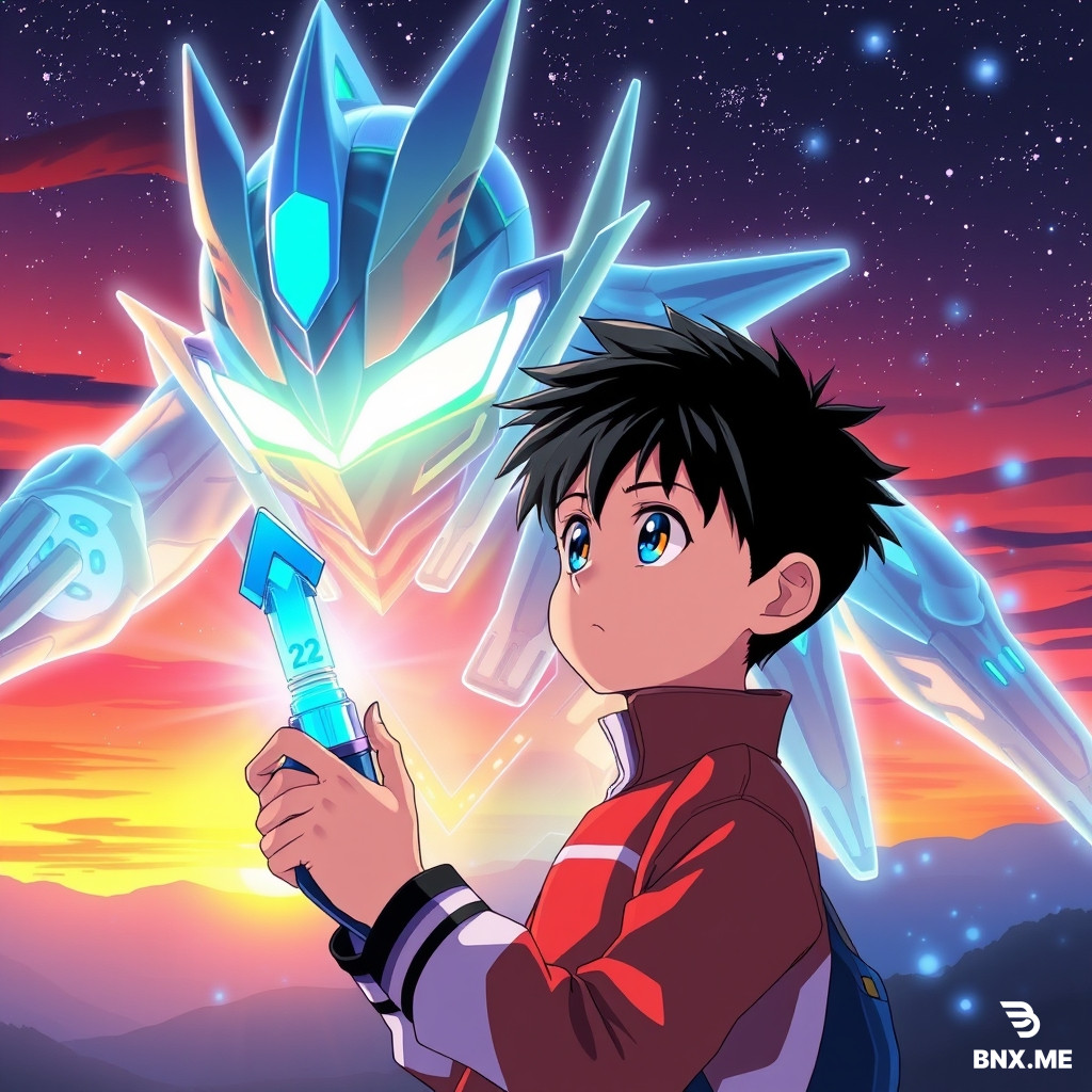 Prompt：Japanese light novel cover, anime illustration style. A young anime boy with a look of longing, holding the Evoltruster (Nexus transformation device) tightly in his hand, a giant translucent illusion of Ultraman Nexus appearing behind him. Background is a sunset glow fading into a starry night, blue light particles surrounding the boy. Vibrant colors, exquisite lighting, strong anime atmosphere. --ar 3:4