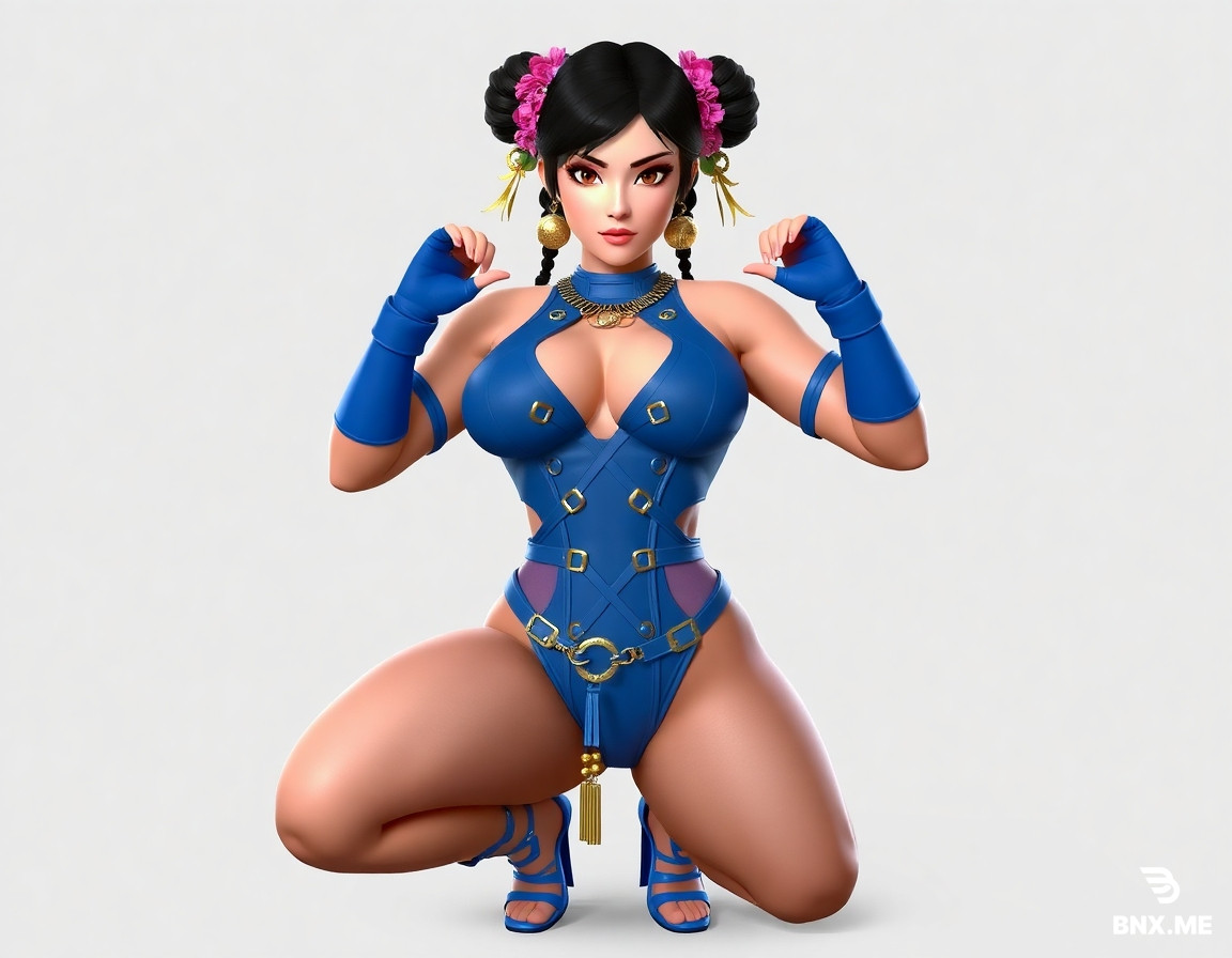 Chun-Li from Street Fighter, character design, female martial artist, black hair styled in distinctive double buns with floral hair accessories, athletic and physically strong body type, thick and heavily muscular thighs and robust lower body, blue high-neck high-cut one-piece swimsuit, chest cutout with gold crescent-shaped metal ornaments, gold chain details around the waist, open back design with crisscrossing blue straps and gold buckles, blue wristbands, blue strap encircling the left thigh, gold anklet with dangling details, blue strappy high-heeled sandals, neutral facial features, detailed 3D character texture.