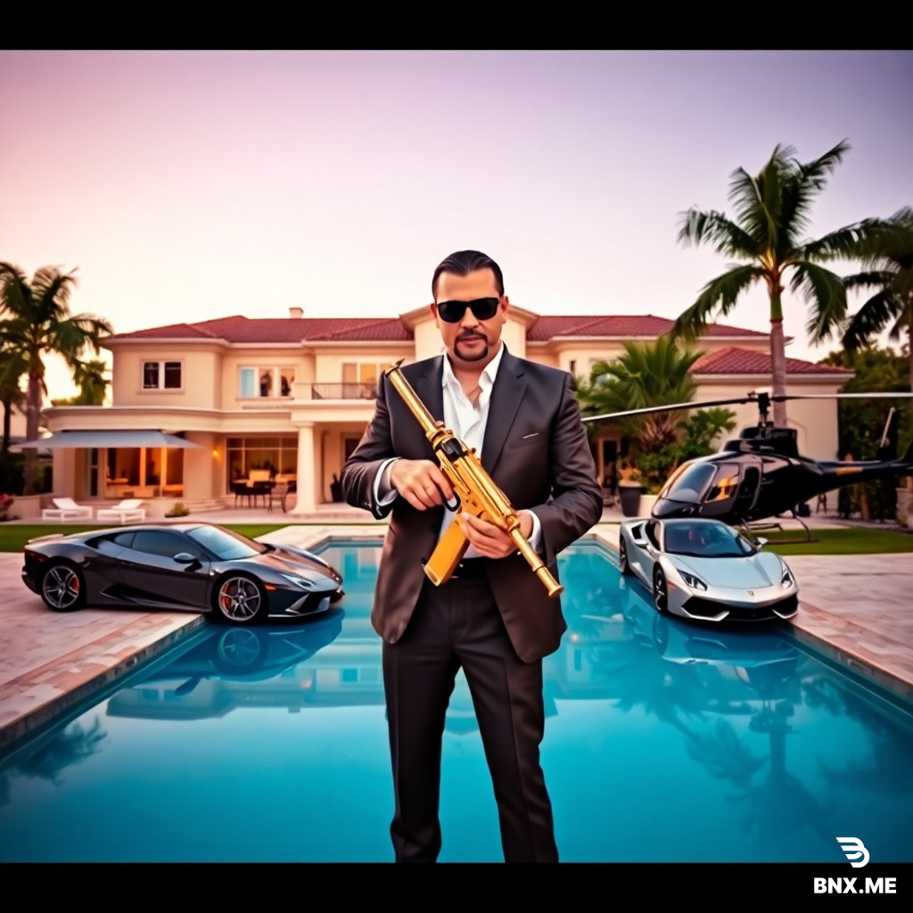 boring low quality snapchat photo circa 2015, A Mexican mafioso stands in front of a luxurious villa with a swimming pool, holding a gold-plated machine gun in his hands. Supercars and luxury cars are parked next to the villa, as well as a private helicopter. Make it as luxurious as possible