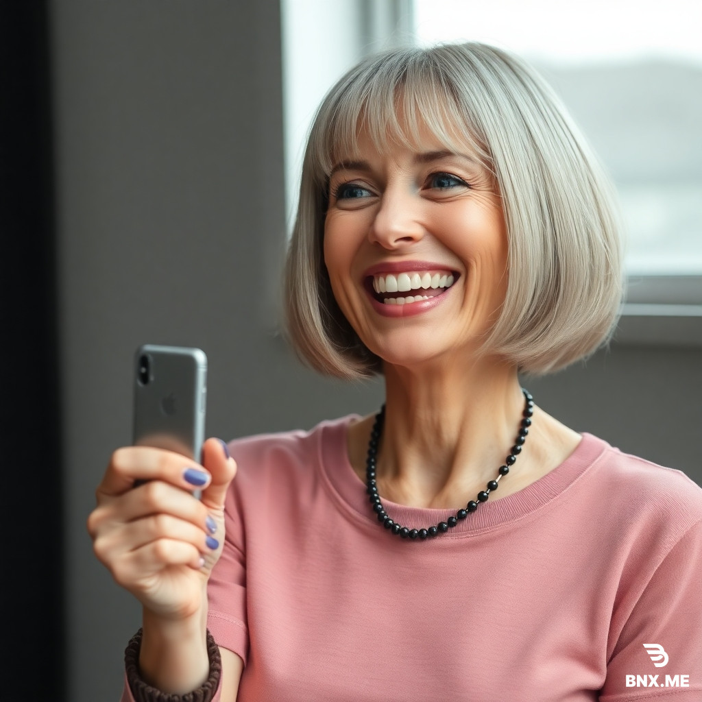 Middle aged thin lady with bob haircut holding a switch with laughter