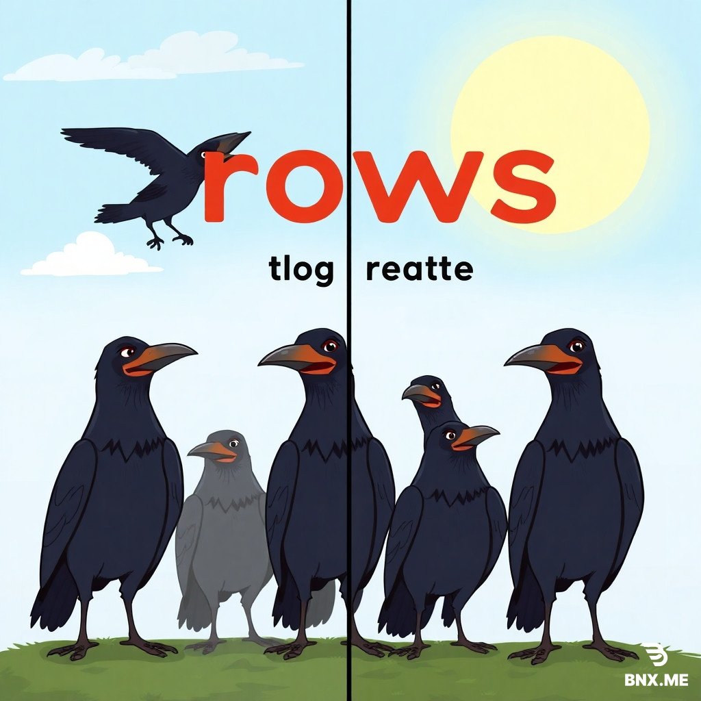 Generate a cartoon like image that show the group name for shows  the group name for crows duplicate and on the second image make 5 small differences for the viewer to spot.