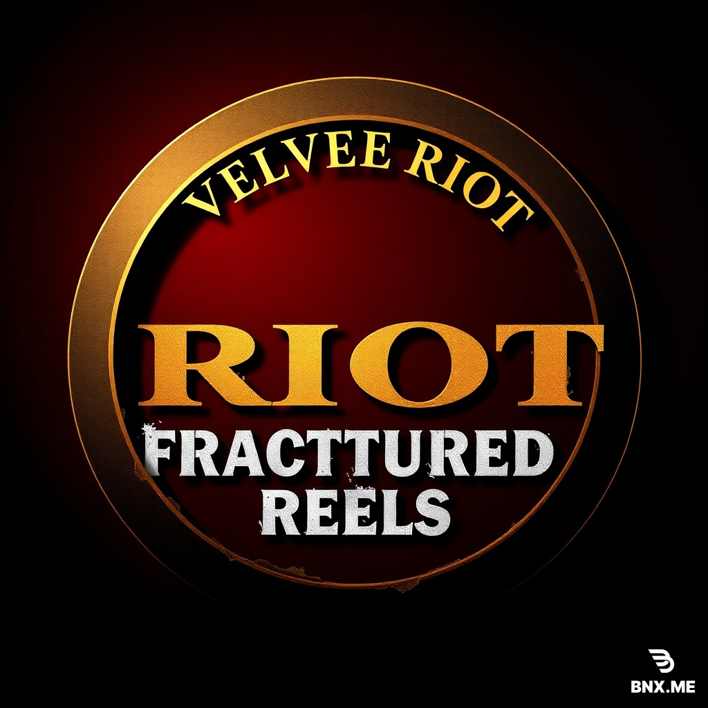 Here's your prompt:  ---  "A sleek cinematic logo. Vintage gold film reel frame with torn jagged edges. Text 'VELVET RIOT' in elegant serif font at top. Text 'FRACTURED REELS' in rough grunge font underneath. Deep burgundy background with charcoal grey shadows. Gold accent lighting. Moody, dramatic, intense. 16:9 ratio. High detail, sharp focus."