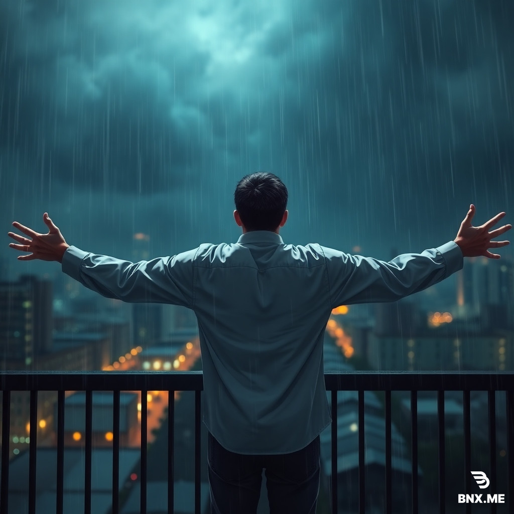 Wide cinematic shot from behind, a man standing on a rainy balcony, arms spread wide open, looking up at the dark stormy sky, city lights blurred in the background, rain soaking his clothes, feeling of painful liberation, anime style, dramatic lighting