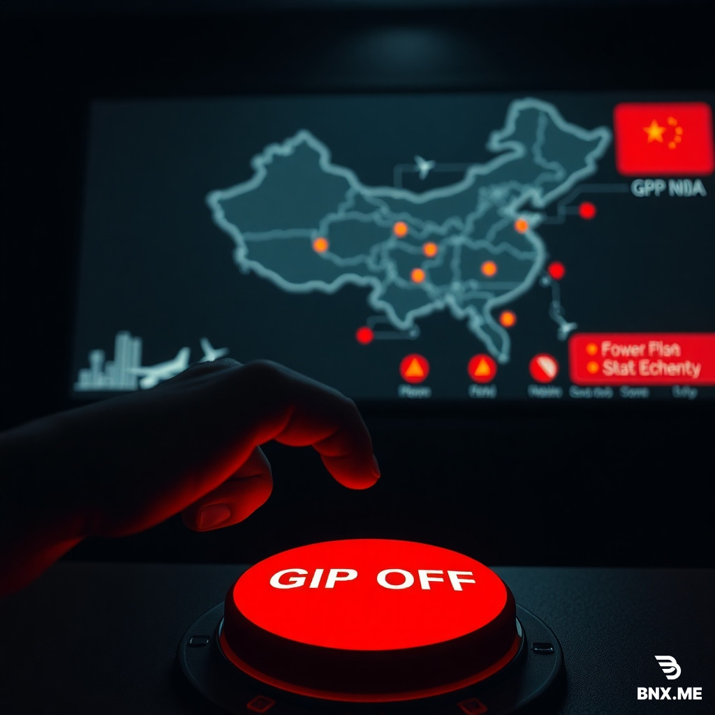 *A cinematic, symbolic shot from a dark control room. A single index finger hovers over a large red button labeled “GPS OFF”. In the background, a glowing night map of China is projected on a screen, with several key infrastructure icons (power plants, airport, stock exchange) turning grey or showing red warning symbols. The lighting is low-key, with the only illumination coming from the screen and a dim overhead spotlight on the button. Moody, tense atmosphere. 4K, photorealistic, movie poster composition.*