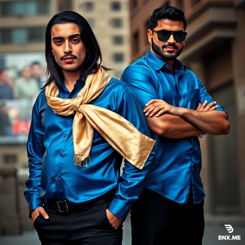 A 30-year-old Persian man (Sam) with long black hair, fully shaved face, thin eyebrows, glossy red lipstick, wearing a shiny bright blue satin shirt (stretched over a round pregnant belly), a cream silk scarf wrapped over his hair with a knot under his chin, tight black pants. His 28-year-old Persian friend (Saeed) is standing beside him, wearing sunglasses and a serious, confident smirk. Both are looking at the camera with bold, intense expressions. Urban background, dramatic lighting, photorealistic, cinematic, 8k.