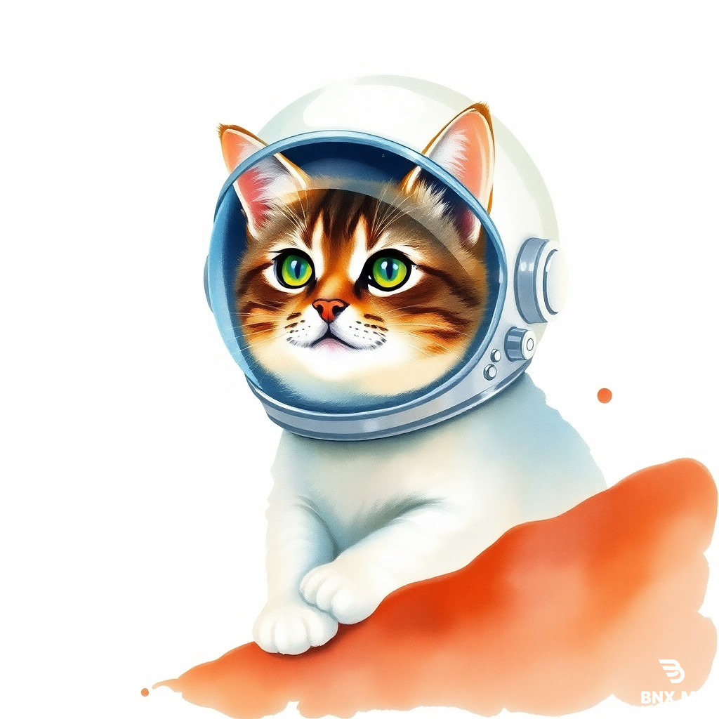 Generate a watercolor painting of a cat in a retro space helmet on Mars. Soft brush strokes, wet-on-wet technique, pastel colors, artistic dreamy atmosphere, white background.