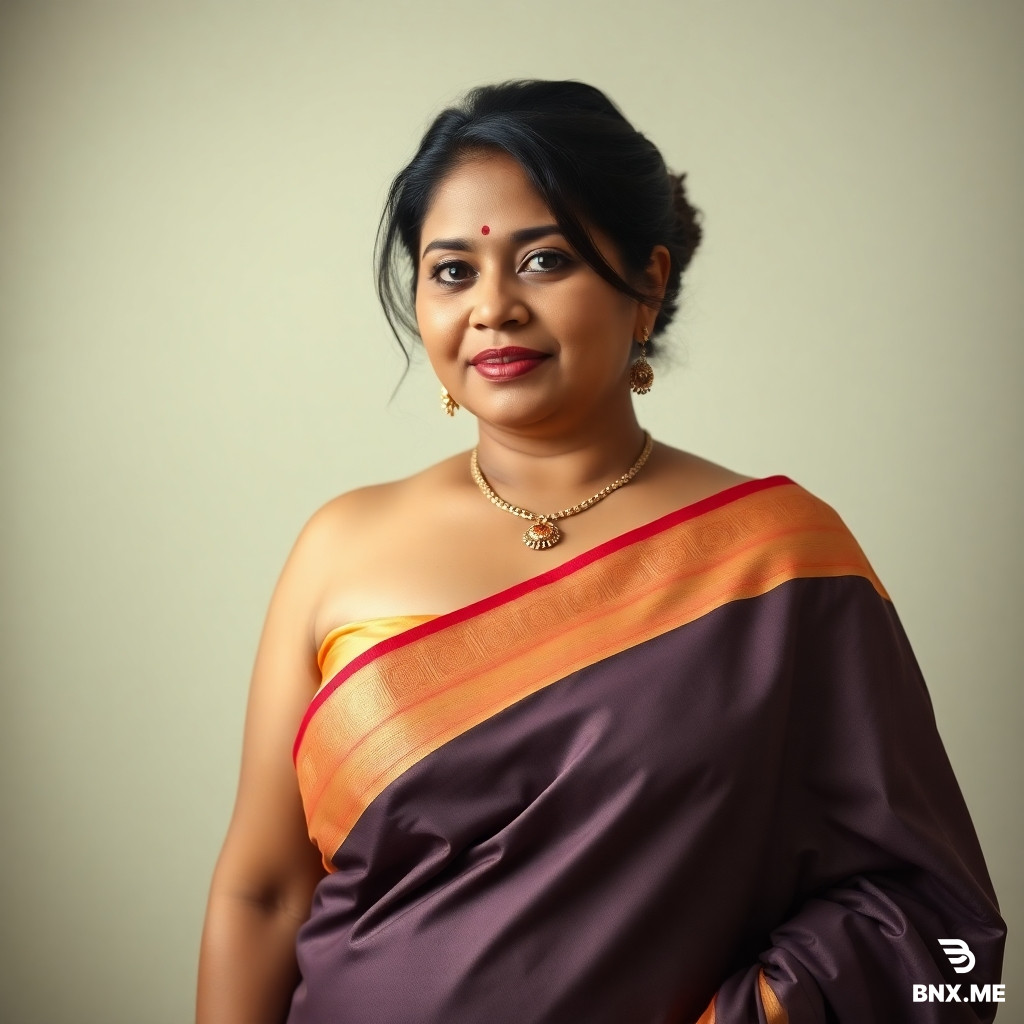 Should be realistic, 38 year old a little chubby wearing saree with cleavage visible