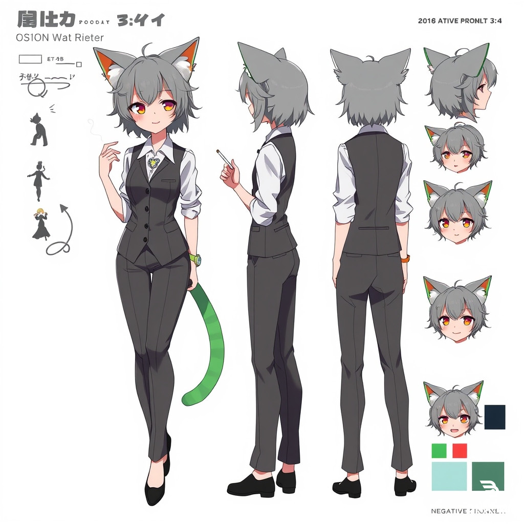 anime character sheet, character design sheet, full body, front view, back view, side view, expression sheet with 8 facial expressions, color palette swatches, female office worker, grey messy medium hair, large ahoge, grey fluffy cat ears, grey fluffy cat tail, brown sleepy eyes, mole under left eye, catlike smile, white dress shirt, dark grey vest, dark grey tailored trousers, black heels, thin cigarette in hand, fish pendant necklace, wristwatch, white background, high quality, detailed --ar 3:4  Negative prompt: skirt, green hair, green tail, green ears, horns, low quality, bad anatomy, extra limbs