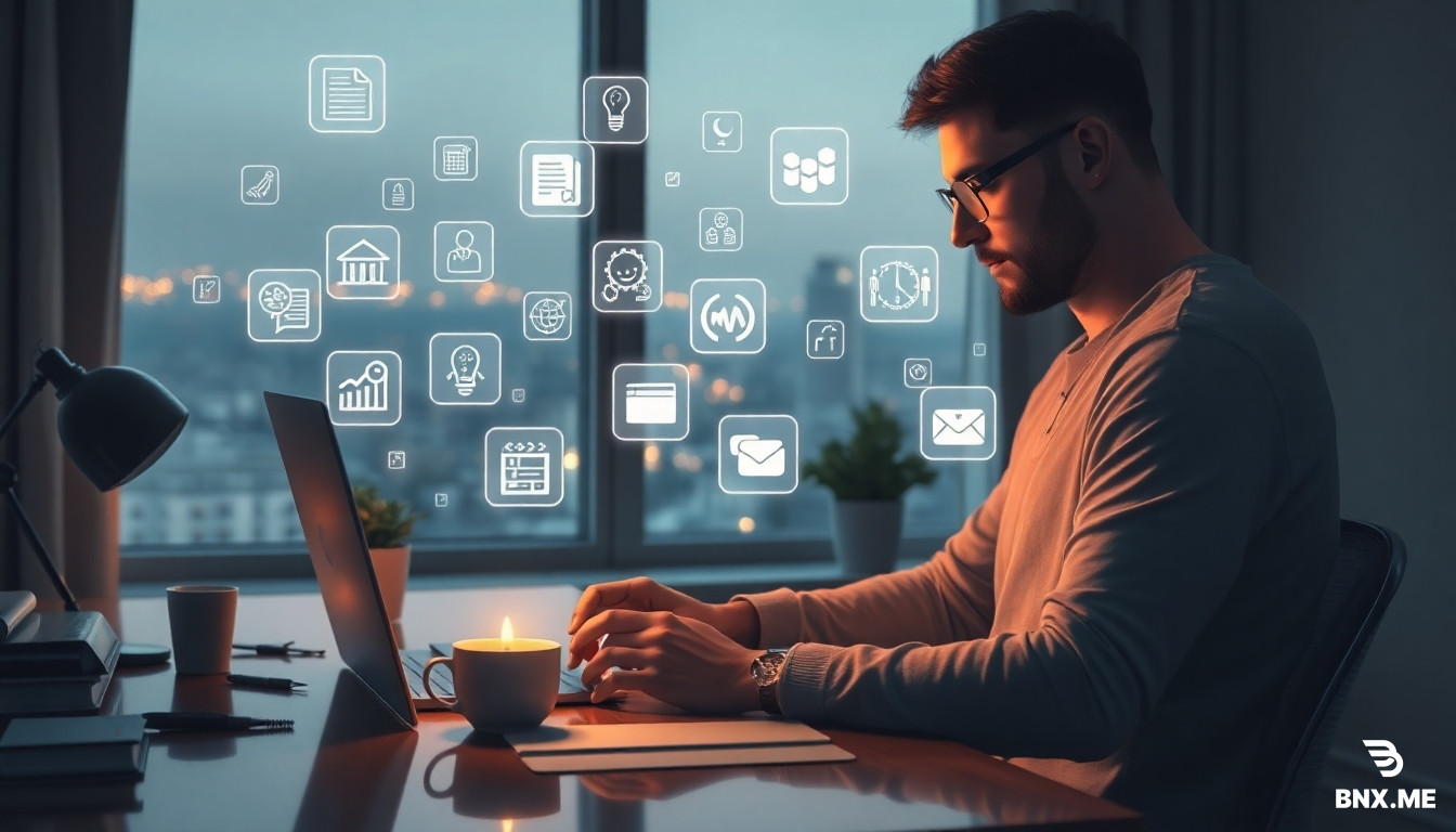 A freelancer working from home with multiple holographic client projects floating around, including writing, design, research, translation, and marketing icons, coffee on desk, city lights outside window, soft cinematic lighting, reduced contrast, premium semi-realistic digital illustration, ultra-detailed, 16:9.