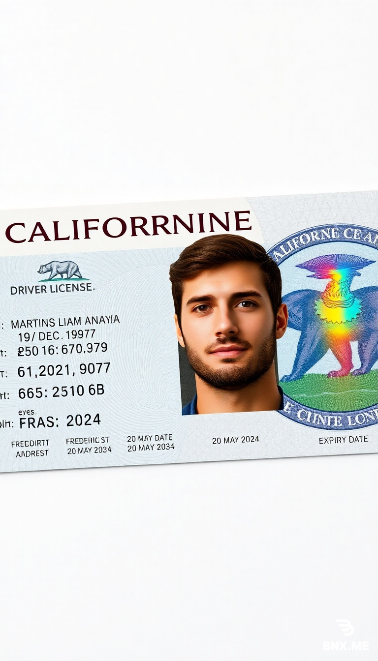 Create an Ultra-realistic 16:9 close-up scan of a California driver's license placed on a clean light grey/white background. The card is horizontally aligned, centered in frame, captured in sharp focus with studio lighting.  Design features a modern government-issued ID layout with English text. Top-left includes the California state flag with bear emblem. Header text reads “CALIFORNIA DRIVER LICENSE”.  The card includes a passport-style portrait of a man: brown hair, neutral expression, direct gaze, warm skin tone.  Personal details section includes: – Name: MARTINS LIAM ANAYA – Date of birth: 19 DEC 1979 – Height: 6.20 ft – Weight: 238.10 lb – Eyes: brown – Hair: brown – Address: Frederick St, San Francisco, CA 94117 – Issue date: 20 MAY 2024 – Expiry date: 20 MAY 2034  Background design includes intricate guilloche patterns, microprinting, and soft gradients. A large holographic state seal occupies the right side with iridescent rainbow reflections.  Additional elements: – Government of California emblem in top-right – Embedded hologram square with security seal – Fine-line engraving patterns across the surface – Signature at bottom right (“MARTINS LIAM ANAYA”)  Lighting is soft and even, highlighting laminated plastic texture, subtle reflections, and security overlays. No hand visible. Clean, minimal, professional composition. Photorealistic, high detail, 8K quality.