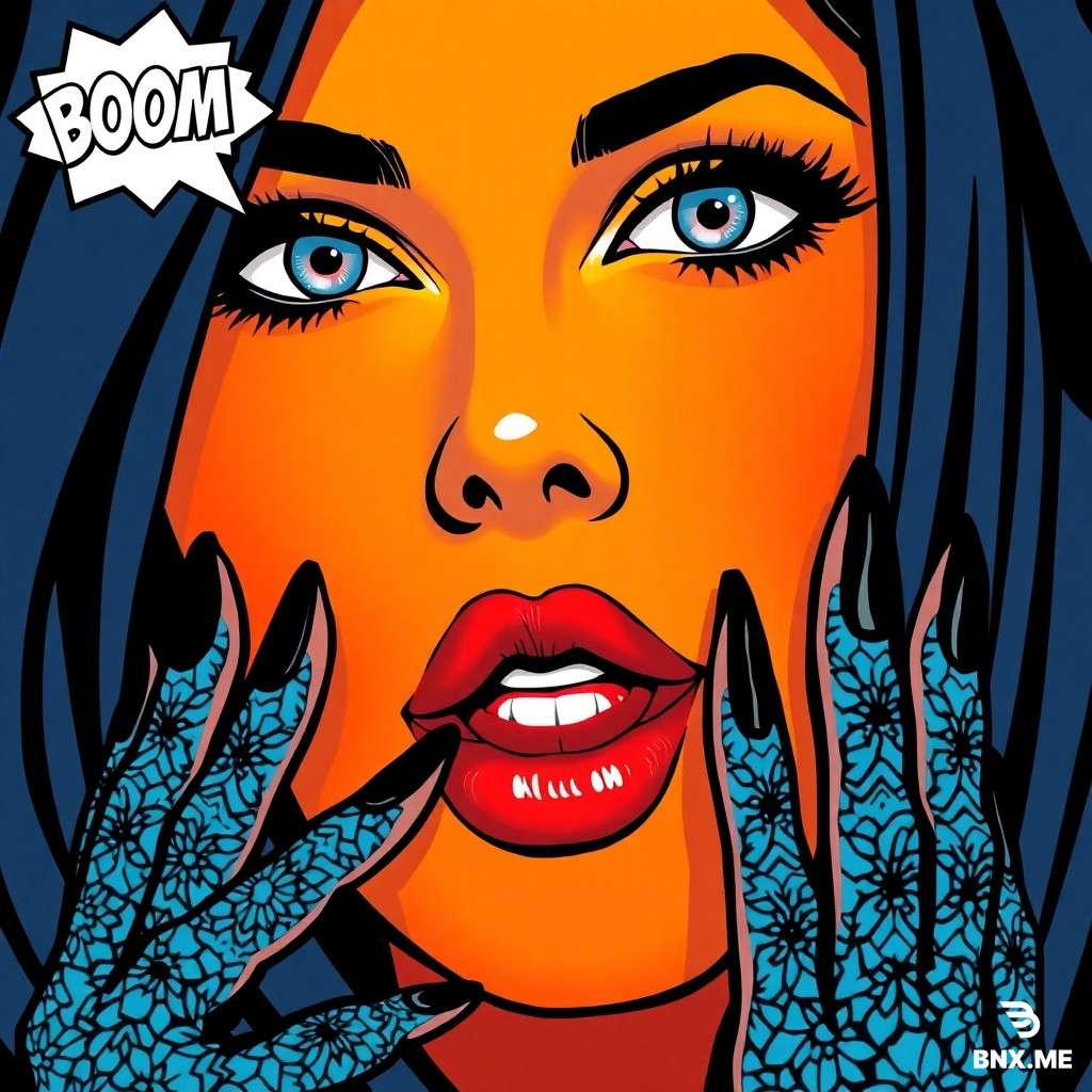 A stylized portrait of a woman's face, partially obscured by a dark, flowing veil on the upper left. The woman's skin is painted with a pop art inspired design, featuring vibrant orange, yellow, blue, and black colors. Large, expressive eyes with light blue iris and intense, dark eyelashes. Full, red lips, slightly parted, suggesting a subtle smile. A "BOOM" word bubble erupts from the upper left side of her face. A hand with intricate blue and white patterns and long, black fingernails is in the bottom part. The style is graphic and bold, reminiscent of comic book illustrations, with strong lines, contrasting colors, and a dynamic composition. The perspective is a close-up, emphasizing the details and the dramatic contrast between the sharp features and the graphic elements. The atmosphere is energetic and glamorous.