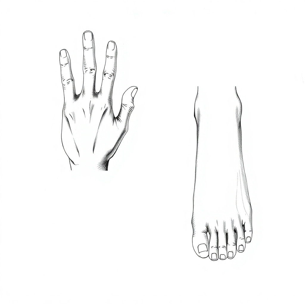 Estudio anatómico detallado de manos y pies humanos. Manos con cinco dedos claramente separados, uñas visibles, articulaciones marcadas, posición natural (no rígida). Pies con cinco dedos, arco y talón definidos. Dibujo realista a lápiz sobre fondo blanco, con sombras suaves y proporciones exactas. Inspiración en dibujo académico de libro de anatomía. Sin deformidades ni dedos extra. Enfoque nítido.