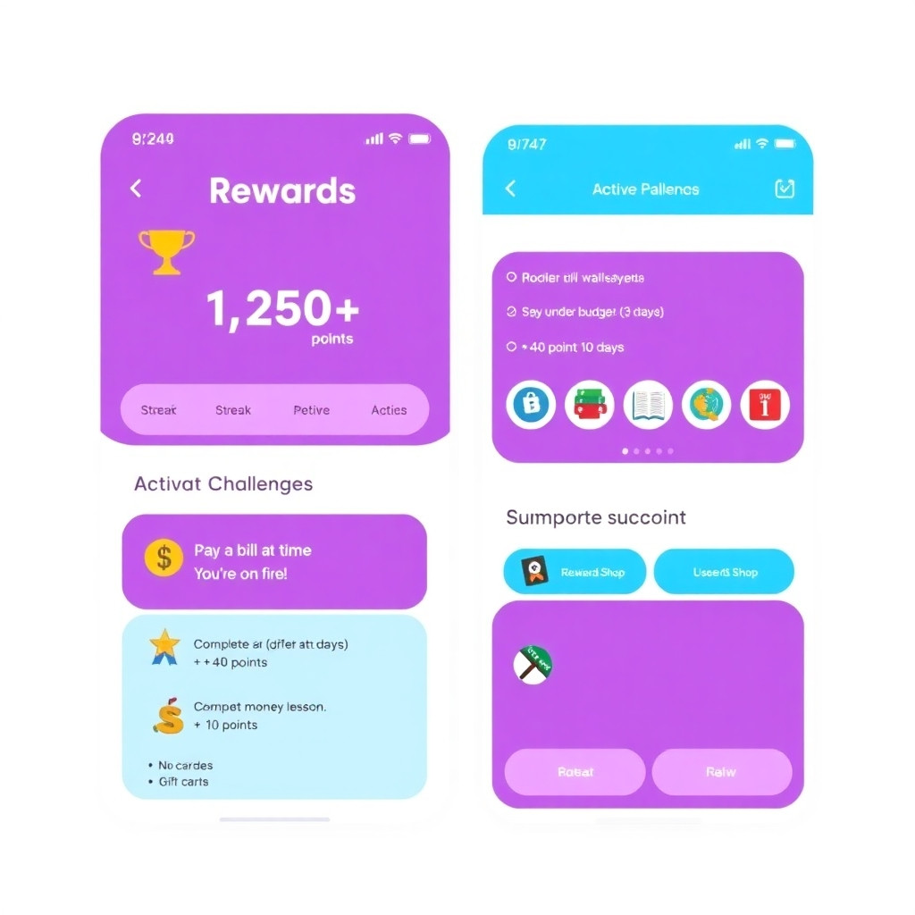 A mobile app screen for a student finance app called Wise Wallet. The screen is called "Rewards".  It shows: - At the top: "Rewards" title and "1,250 points" with a trophy icon - A streak section: a fire icon with "7 Day Streak" and "You're on fire!" - A section called "Active Challenges" with 3 tasks:   1. "Pay a bill on time" with "+20 points"   2. "Stay under budget (3 days)" with "+40 points" and progress "2/3 days"   3. "Complete a money lesson" with "+10 points" - A badges section: 4 small circular badges (star, money, book, fire) - A "Rewards Shop" section: buttons to redeem points for gift cards  Style: colorful, playful, mobile UI design. Purple (#A86CFE) and blue (#3B82F6) colors. White background. Use cards and rounded corners. Clean and modern. No explanation text. Just the screen design.