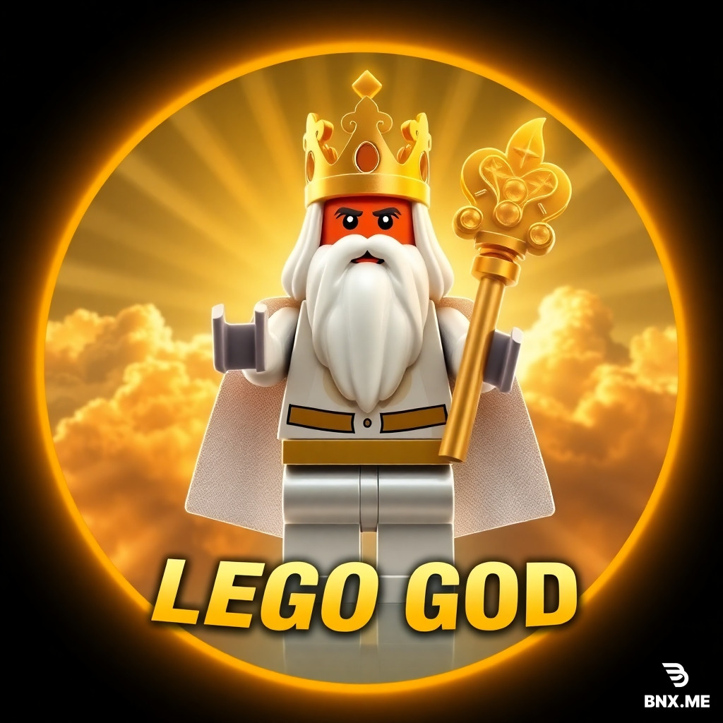 A circular icon for a YouTube channel, square format 1:1. In the center, a powerful Lego god figure with a golden crown, a long white beard, and a glowing magical staff made of Lego bricks. The god is wearing white and gold robes. Behind him is a bright sky with golden clouds and divine rays of light. The text "LEGO GOD" is written in large bold golden letters at the bottom of the image. The text is clear and readable, placed on a dark golden glowing background for contrast. Epic, majestic, and clean composition. Lego stop-motion style. Bright golden and blue colors, 4k quality.