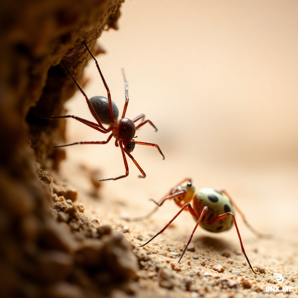 A battle between a spider trying to enter an ant hole