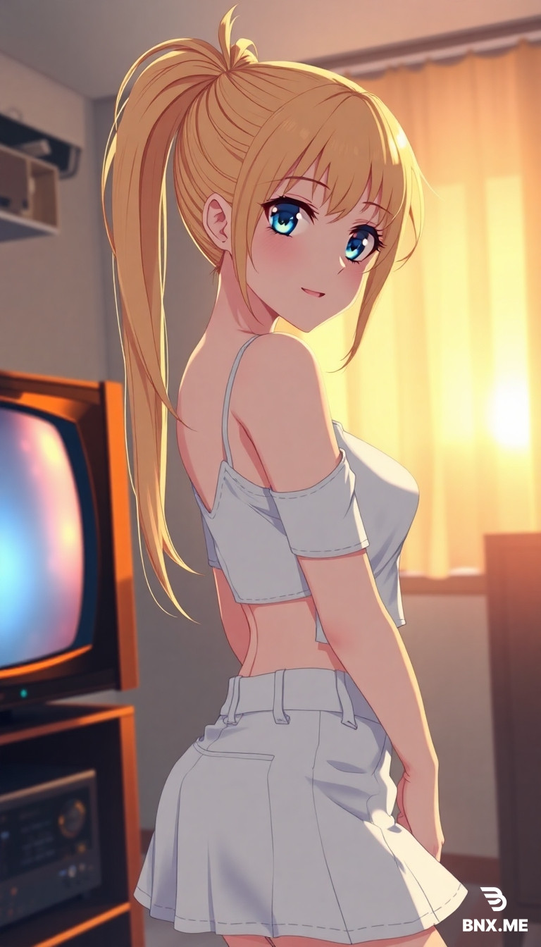 A 22 age sexy and pretty girl-blonde-167cm-white skin -blue dark eye- mini skirt white-pony tail hair- big ass- a hand on ass and look TV- eruotic- camera angle:side