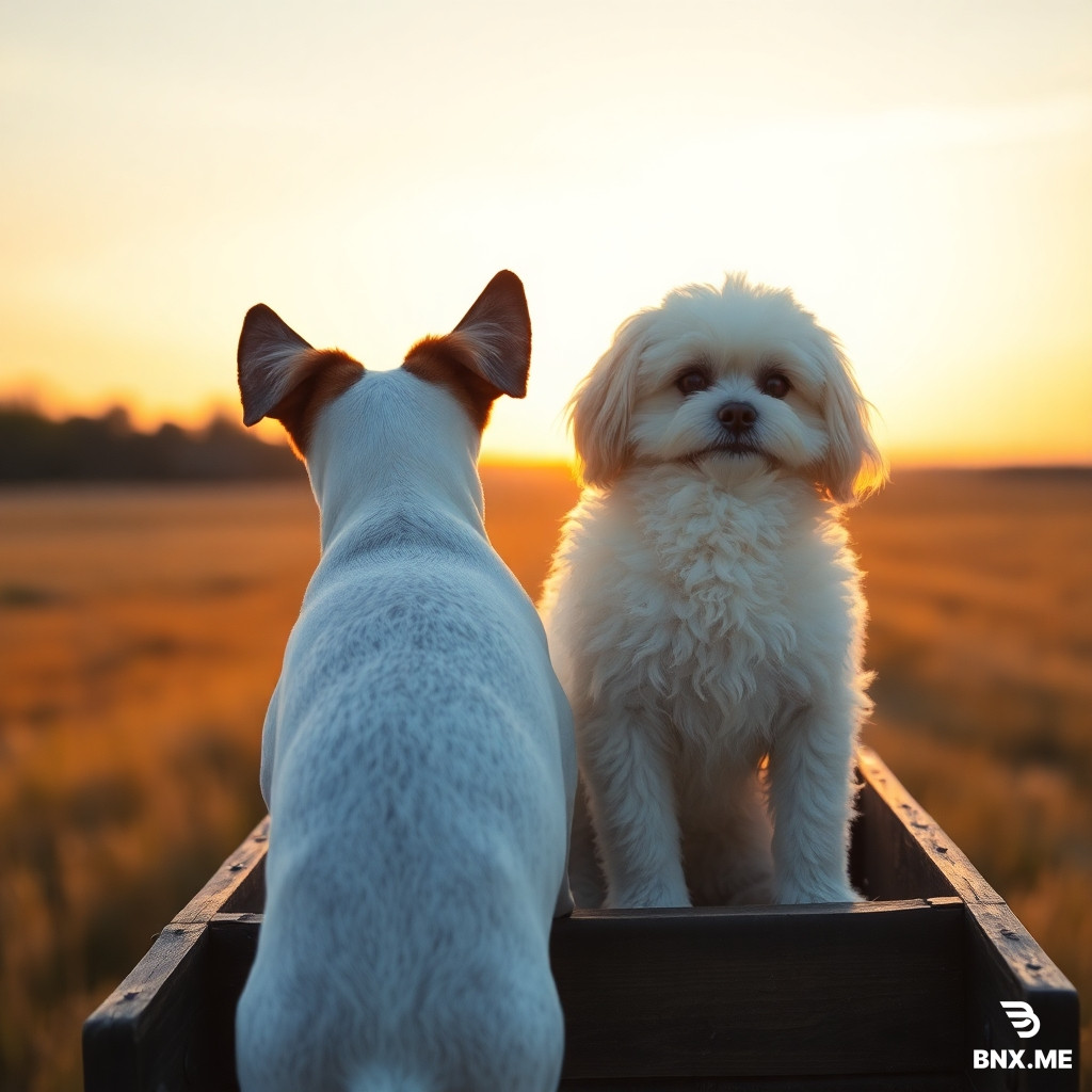 Rear view of a Jack Russell Terrier with a white body, brown ears, and ears that fold over at the tips, sitting next to a white fluffy Maltese with floppy hanging ears, on a wooden cart moving away into sunset on a prairie, 1880s rural Minnesota. Golden light. No humans, realistic dogs.