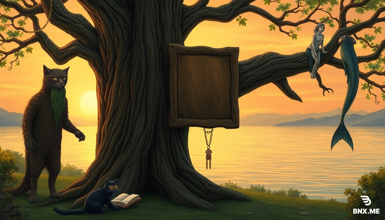 Fantasy illustration in Ivan Bilibin style. A single massive ancient oak tree, baobab-like, one solid trunk. On the trunk center, a strictly square empty wooden board with a carved frame. A distinct thin golden chain wraps around a low branch, hanging down. Under the tree, a separate figure: a black cat wearing a golden monocle on one eye, holding an open book with its paws. On the left side, a separate humanoid forest Leshy: a tall creature with bark-textured skin, a long green moss beard, two arms, two legs, standing and peeking out, not merged with the tree. On the right branch, a separate Rusalka: a naked woman with pale bluish skin, a clear fish tail instead of legs, no human legs visible. Background: calm bay, distant hills, golden hour sunset. No hybrids, no duplicate characters, no text. Highly detailed, mystical atmosphere.