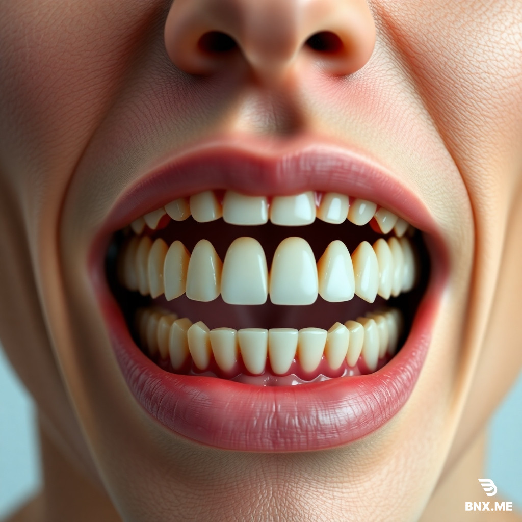 A realistic human mouth with triple the normal number of teeth. The lips and surrounding facial skin appear natural and human. The mouth is slightly open, revealing three tightly packed rows of small, narrow teeth on both the upper and lower jaws. Teeth are evenly spaced and realistic, with pink gums visible between rows. Anatomically plausible structure, neutral expression, high-detail medical illustration mixed with subtle sci-fi realism, soft clinical lighting, sharp focus, photorealistic textures.