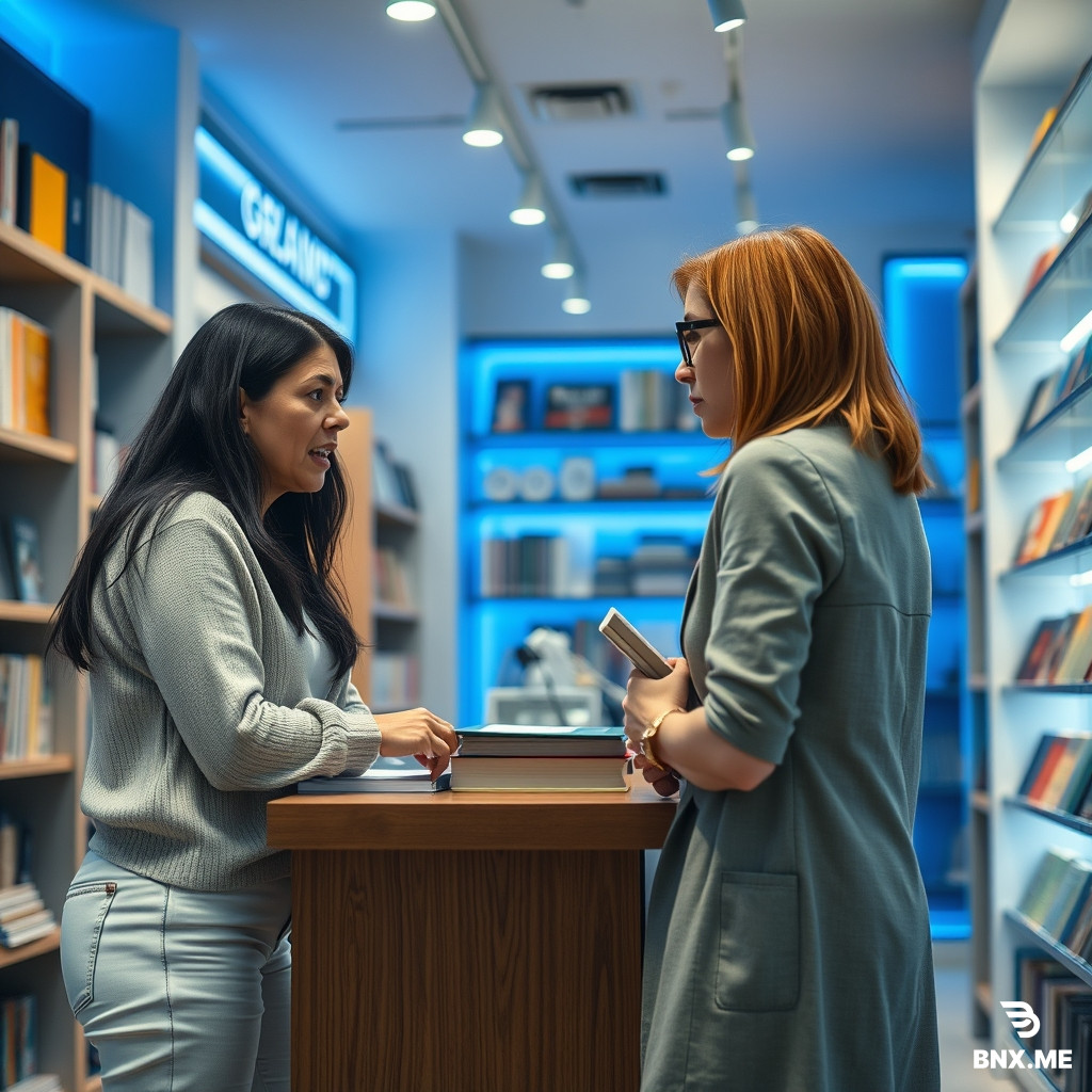 A medium shot of a tense scene inside a modern book and stationery store with blue and white interior design (white walls, blue shelves, blue accent lighting). An angry 40-year-old woman with long black hair, blue eyes, wearing white jeans, is arguing loudly with the store manager. The manager is a slim woman in her 30s with wheat-colored hair, wearing glasses and a worried expression, leaning back behind the wooden counter. The atmosphere is stressful. Ambient lighting, realistic style, 4K, cinematic composition. --ar 9:16
