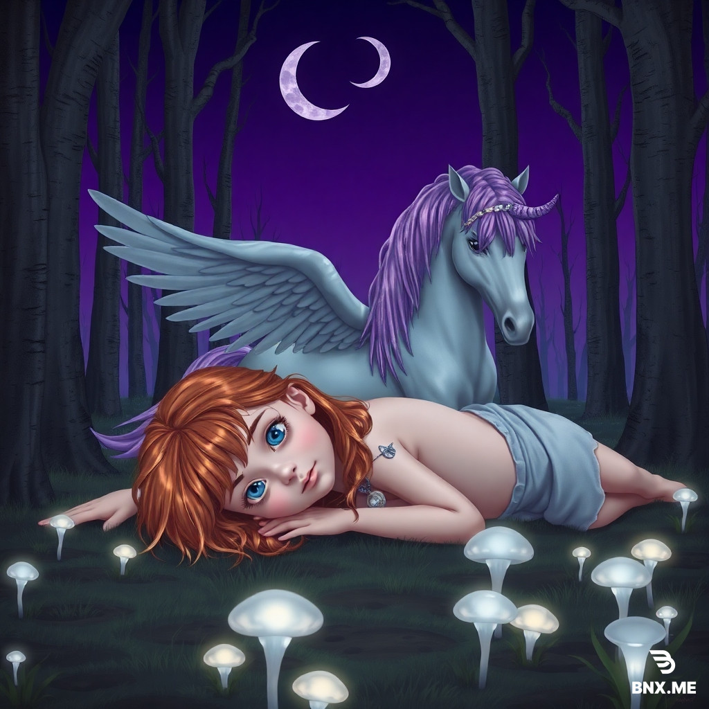 Prompt: A young girl with honey-brown hair and blue eyes lying unconscious on a forest floor. Her hair is messy, covering part of her face. A silver locket rests on her chest, glowing faintly. Standing beside her is a silver Pegasus with a violet mane and a purple horn, looking down at the girl with a curious expression. The forest has tall trees with dark grey bark and no leaves. The ground has no grass, only pale grey fungus growing at the roots. Small translucent silver mushrooms glow dimly near the girl's feet. The sky above is deep violet with two crescent moons. The lighting is dim, moody, and cool. No sunlight. Shadows are long. The atmosphere is eerie but beautiful.