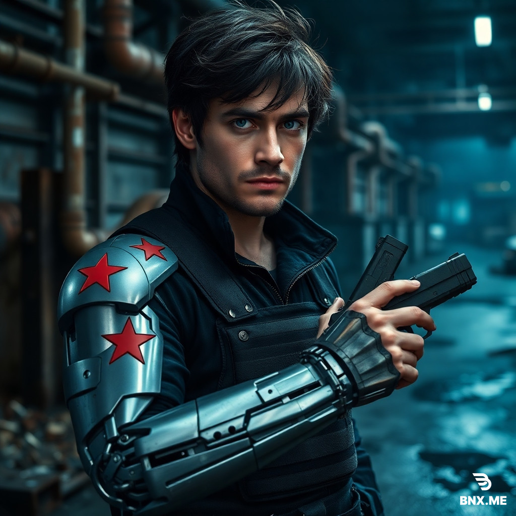 text photorealistic, movie still quality, 8K, high resolution photography, a 28-30 year old Caucasian male, messy dark brown medium-length hair, deep blue eyes, cold and grim expression, fine realistic stubble on upper lip and chin, visible skin pores and minor battle scars. **silver metallic mechanical left arm**, full mechanical structure from shoulder to fingers, visible rivets and segmented joints, a **red five-pointed star** on the shoulder, scratches and wear marks on metal surface. wearing a **black tactical jacket** with stand collar, left sleeve completely torn off exposing the entire mechanical arm, dark gray tactical vest underneath. right hand holding a black pistol. background: abandoned industrial area at night, rusted pipes, broken glass, puddles on ground. **cold white side backlighting**, hard shadows on face, strong metallic highlights on mechanical arm. half-body shot, 45-degree profile, low angle looking up, shallow depth of field with blurred background, cool blue-gray tone. **negative prompts: deformed fingers, six fingers, low resolution, blurry, watermark, text, logo, comic style, oil painting, overly smooth skin, smile, anime, cartoon, 3D render, plastic texture.**