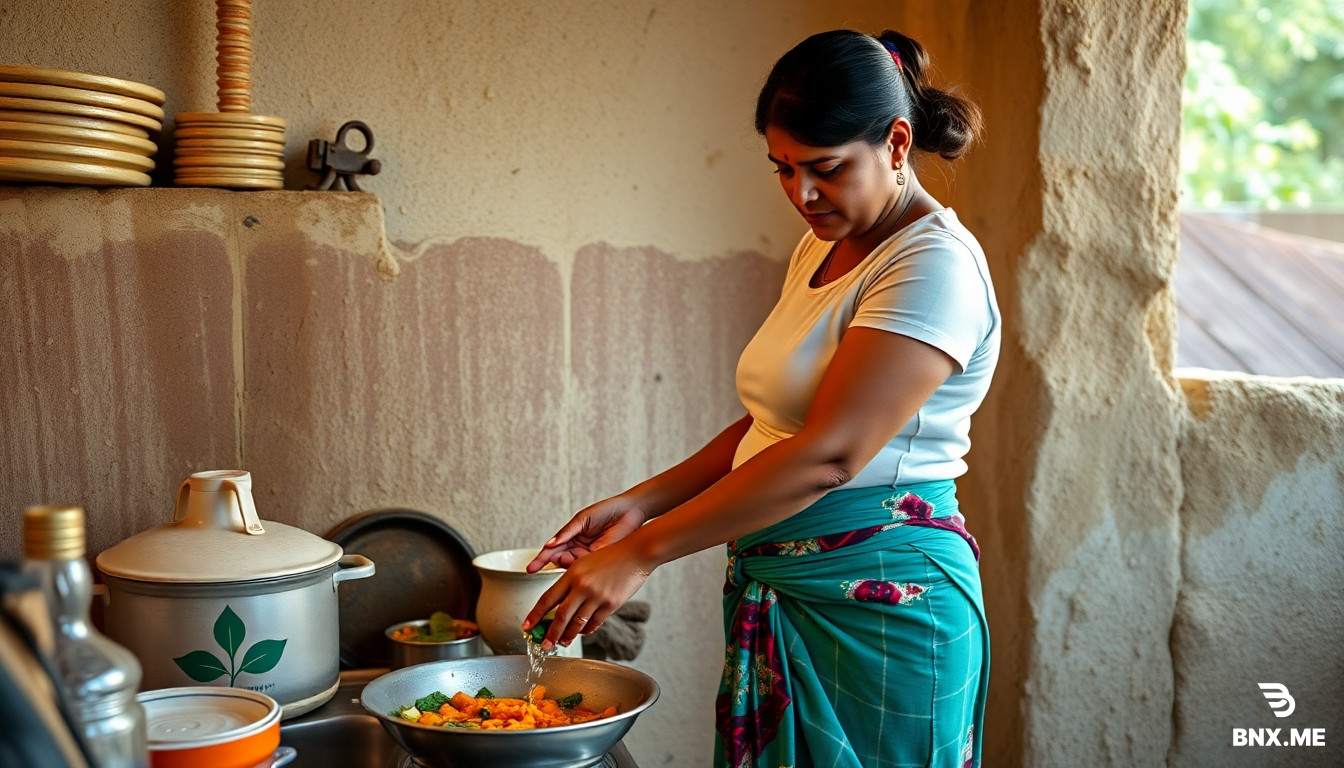 indian aunty with slim body wearing short skirt and t shirt, washing dishes